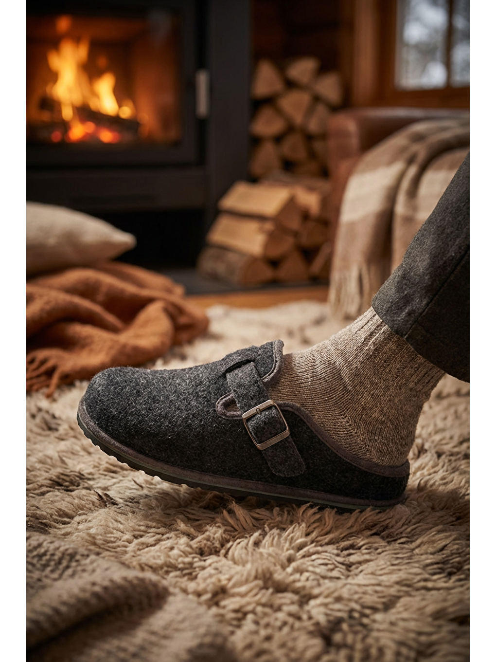 Antrasit Kışlık Erkek Fashion Tokalı Ayarlanabilir Keçe Ev Bahçe Terlik