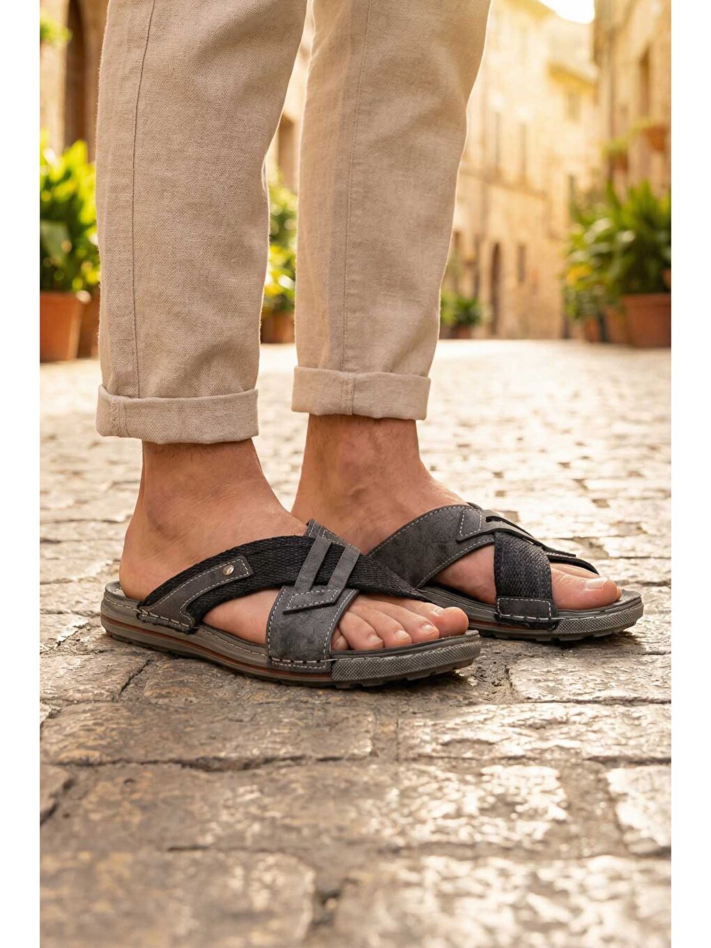 Siyah Yazlık Erkek Suni Deri Günlük Terlik