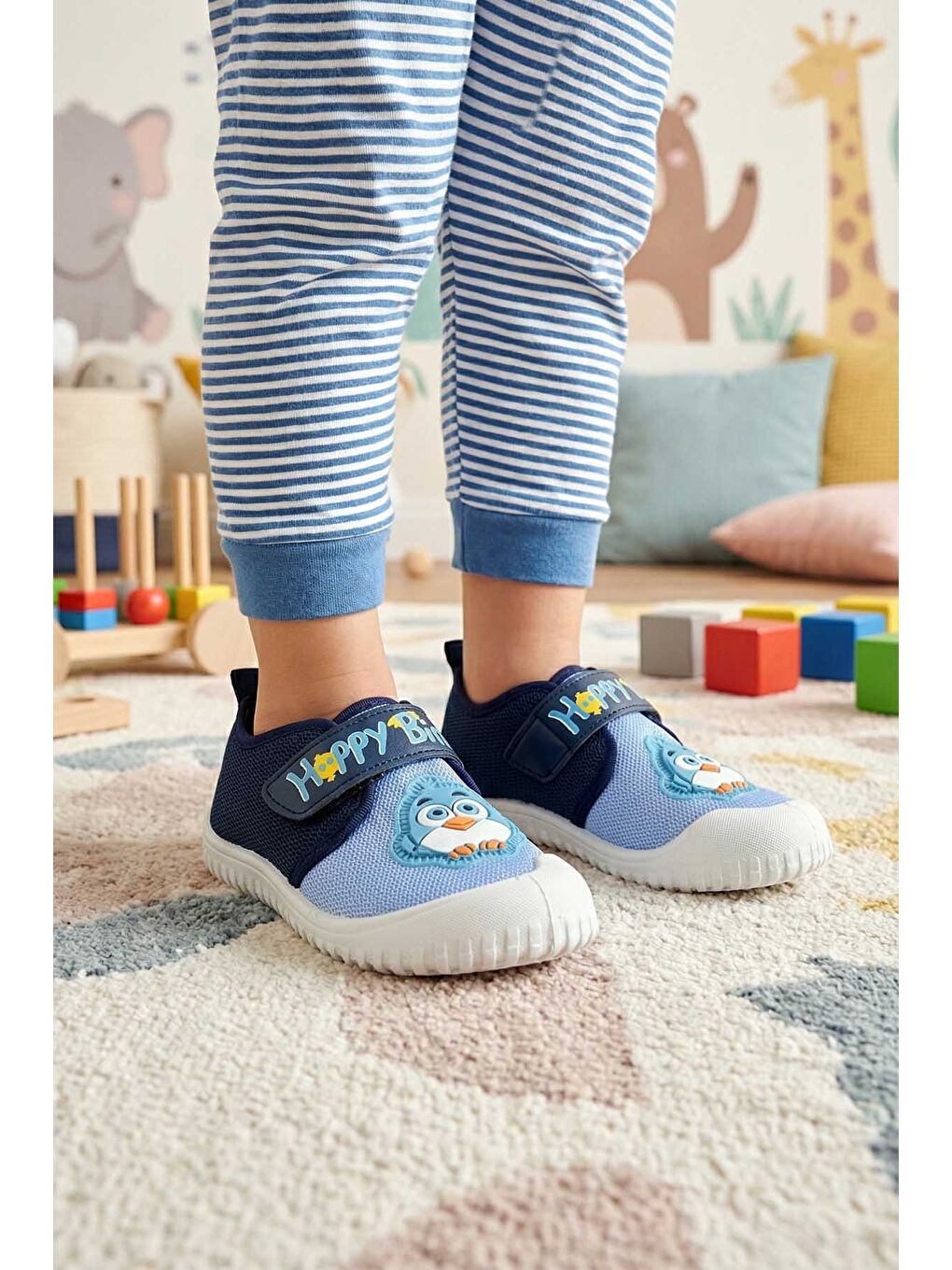 Mavi Yazlık Erkek Çocuk Keten Happy Bird Cırt Cırtlı Ayarlanabilir Ayakkabı