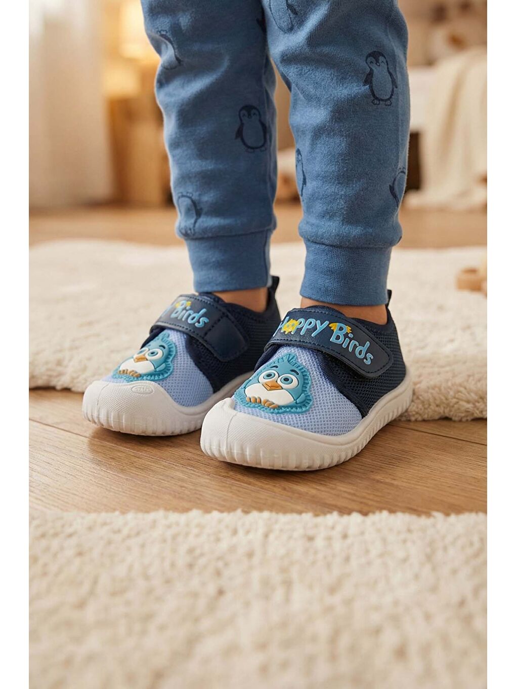 Mavi Yazlık Bebe Erkek Keten Happy Bird Cırt Cırtlı Ayarlanabilir Ayakkabı