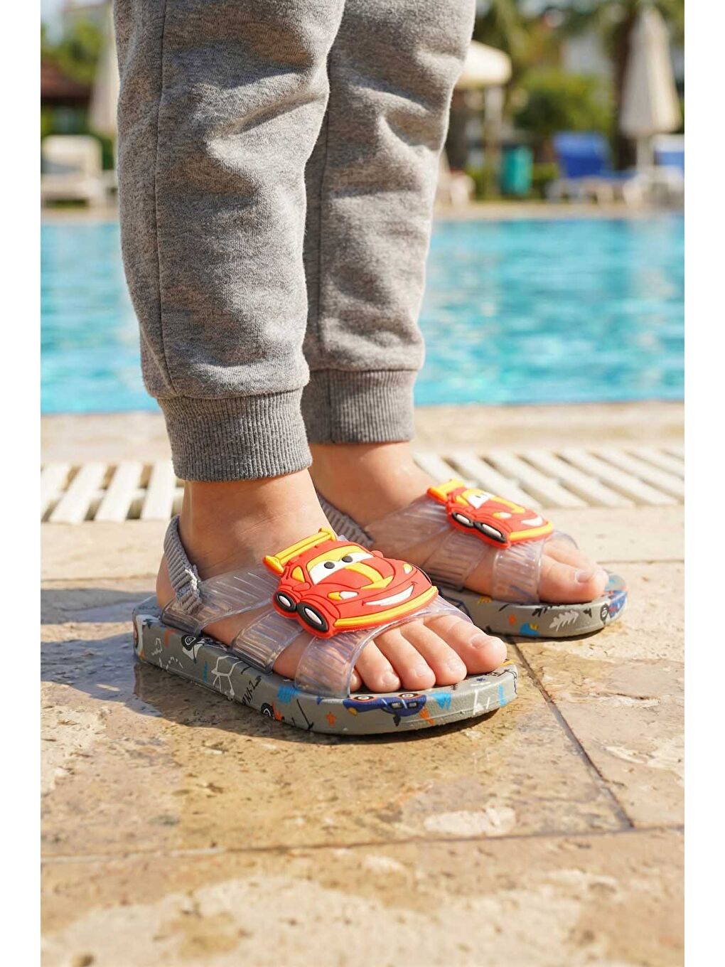 Gri Yazlık Bebe Erkek Lastikli Islak Zemine Uygun Günlük Havuz Plaj Terlik-Sandalet
