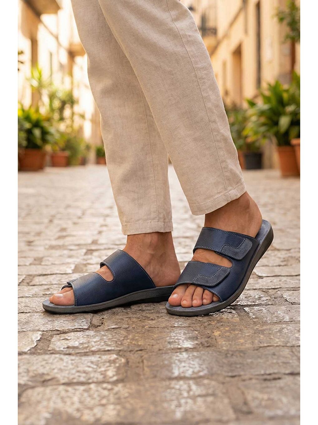 Lacivert Yazlık Cırtlı Ayrlanabilir Suni Deri Rahat Taban Erkek Terlik