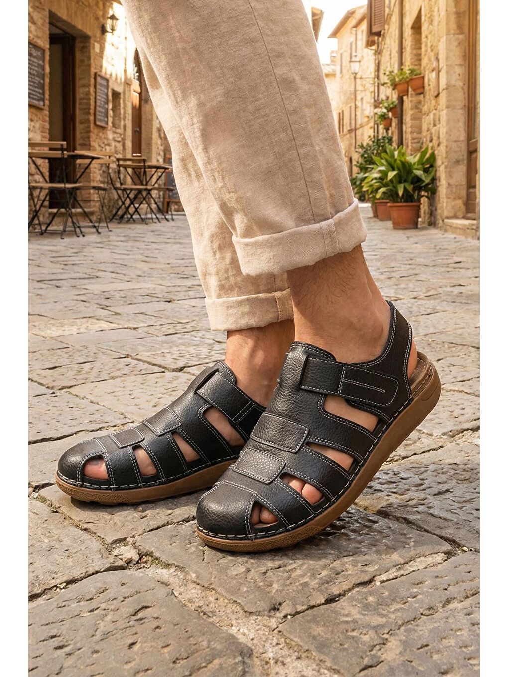 Siyah Yazlık Erkek Cırtlı Ayarlanabilir Rahat Taban Sandalet