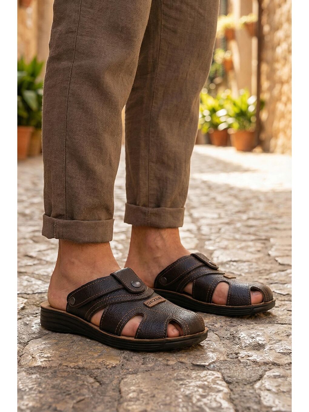 Siyah Yazlık Erkek Çıtçıtlı Ayarlanabilir Terlik-Sandalet