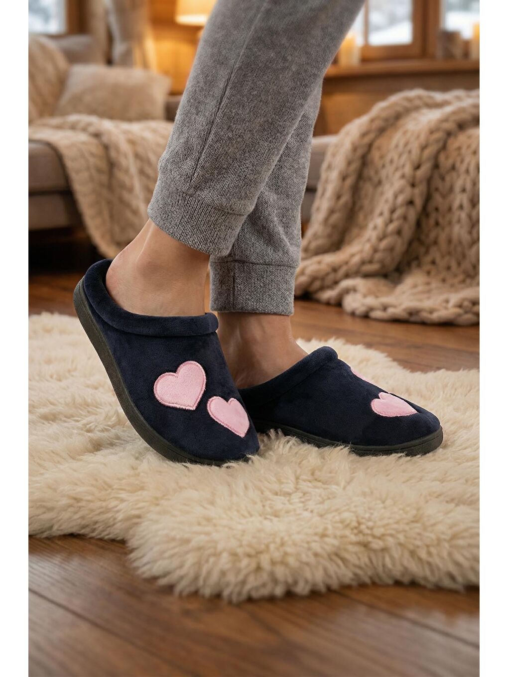Lacivert Kışlık Kadın Gondol Ev Terlik