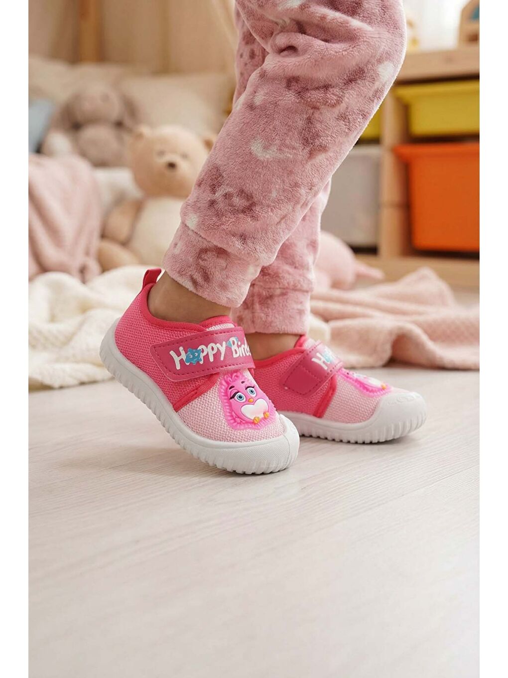 Fuşya Yazlık Keten Kız Bebe Happy Birds Cırtlı Ayarlanabilir Ayakkabı