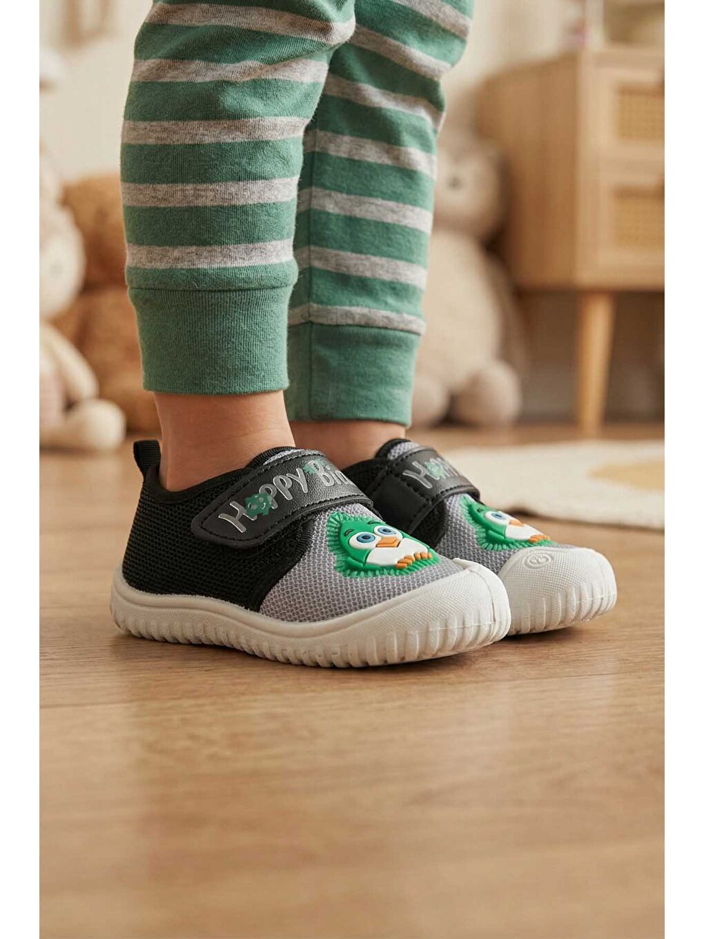 Gri Yazlık Bebe Erkek Keten Happy Bird Cırt Cırtlı Ayarlanabilir Ayakkabı
