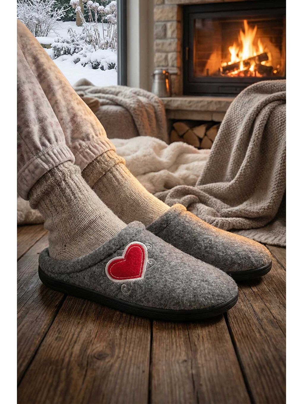 Gri Kışlık Kadın Ev Bahçe Comfort Taban Nakışlı Kalp Desenli Keçe Terlik-1