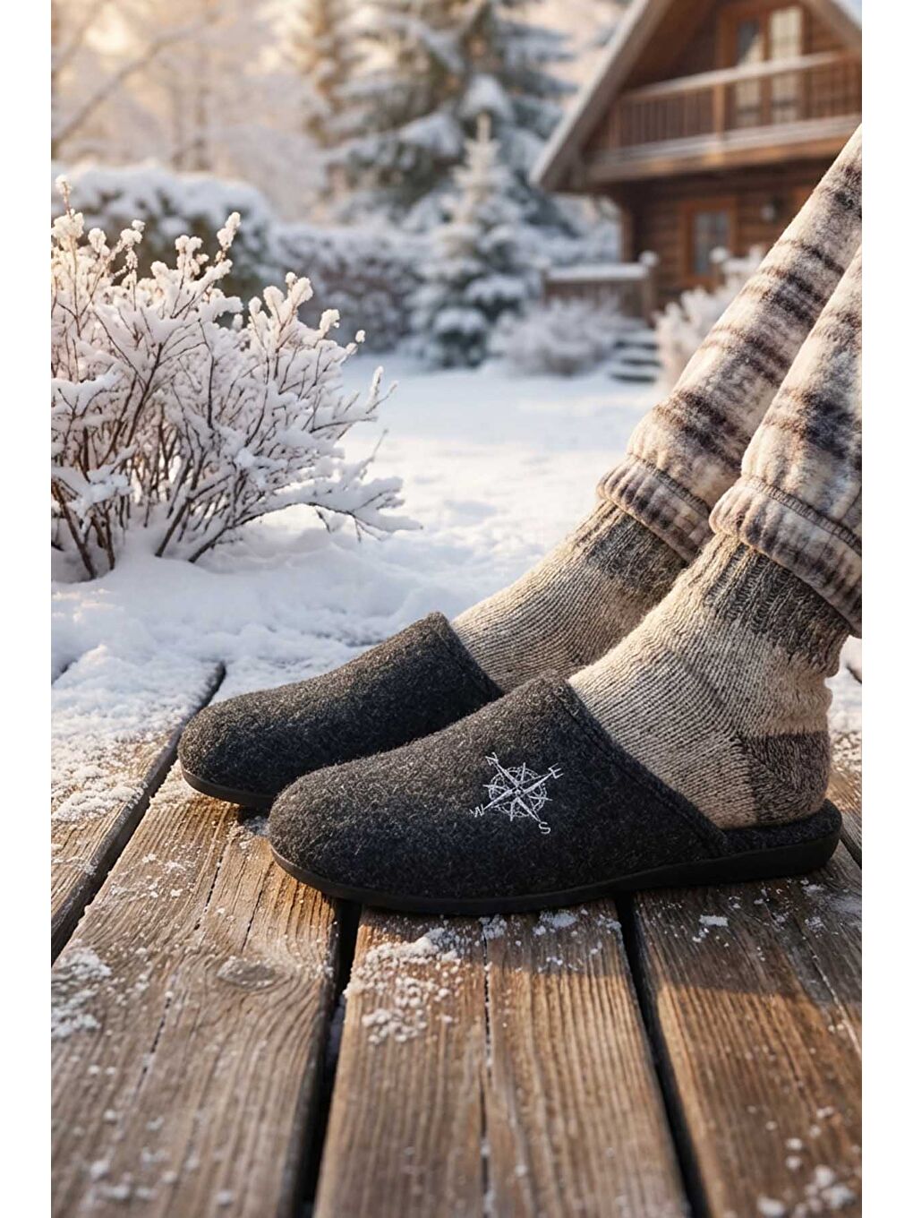 Siyah Kışlık Erkek Keçe Çıkarılabilir Taban Ev Bahçe Terlik