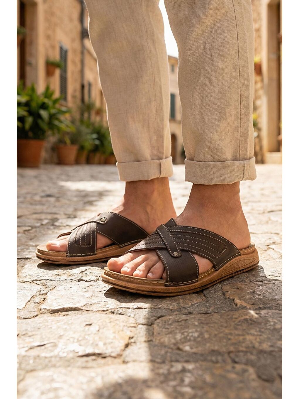 Kahverengi Yazlık Erkek Tasarım Rahat Taban Günlük Terlik