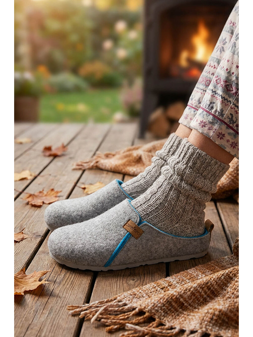 Gri Kışlık Keçe Comfort Taban Kadın Ev Bahçe Terlik