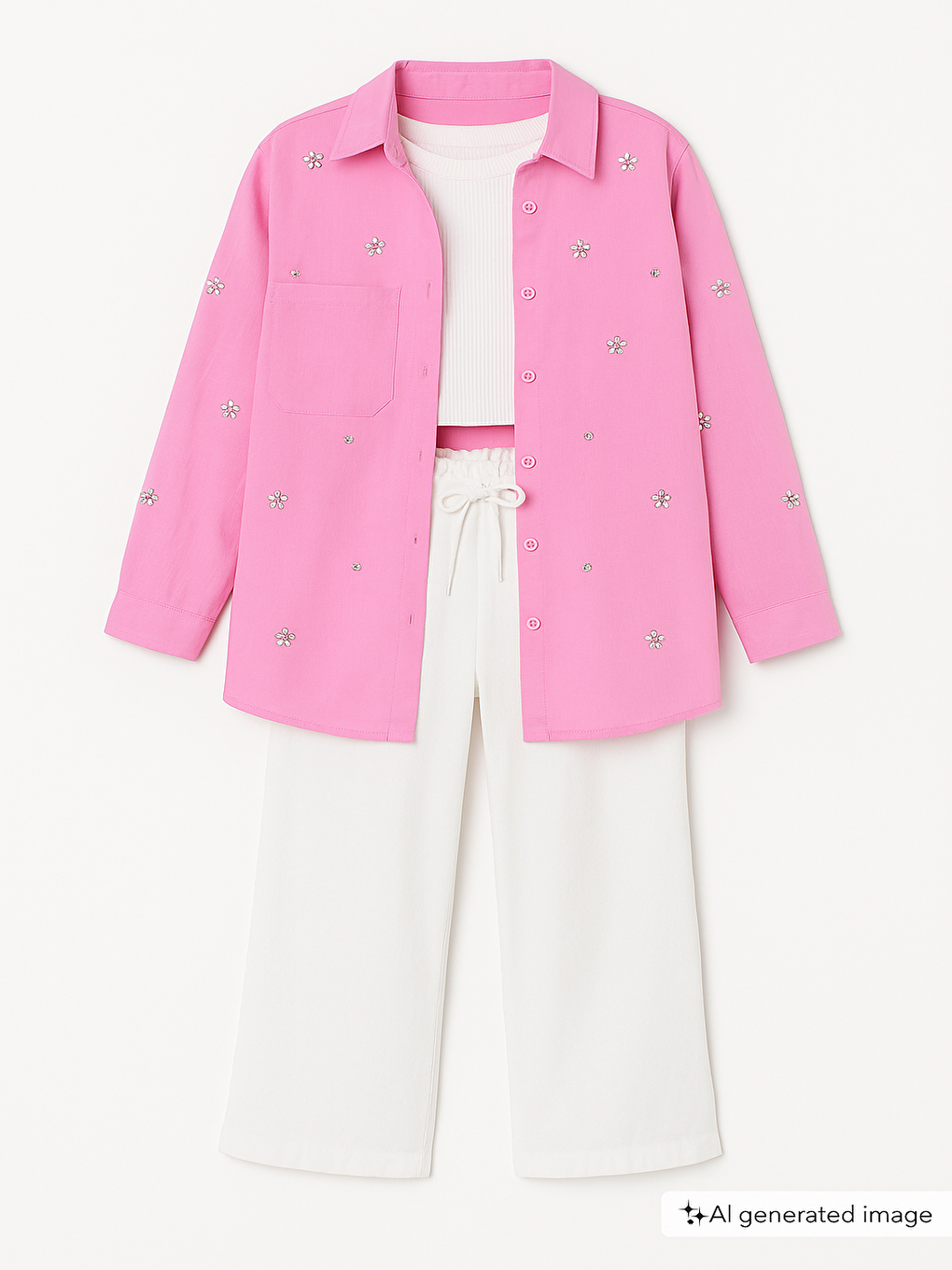 Pembe Kız Çocuk Croplu Taşlı Gömlek Ve Pantolonlu 3'lü Takım 20470-3