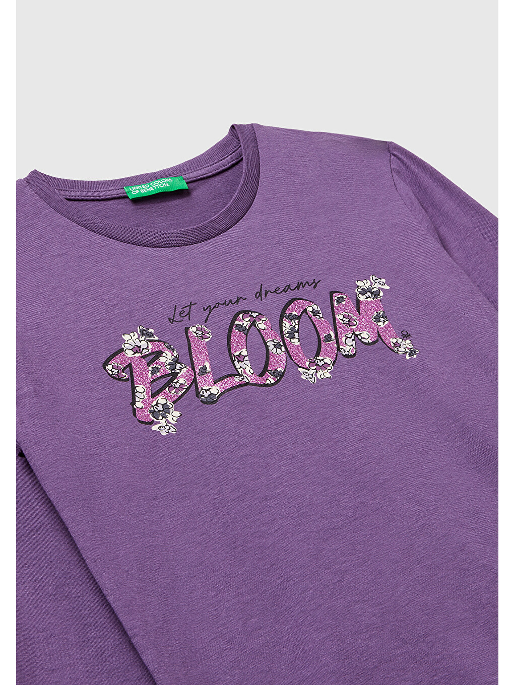 Kız Çocuk Mor Önü Simli Baskılı Ribana Yakalı Uzun Kollu T-shirt-2