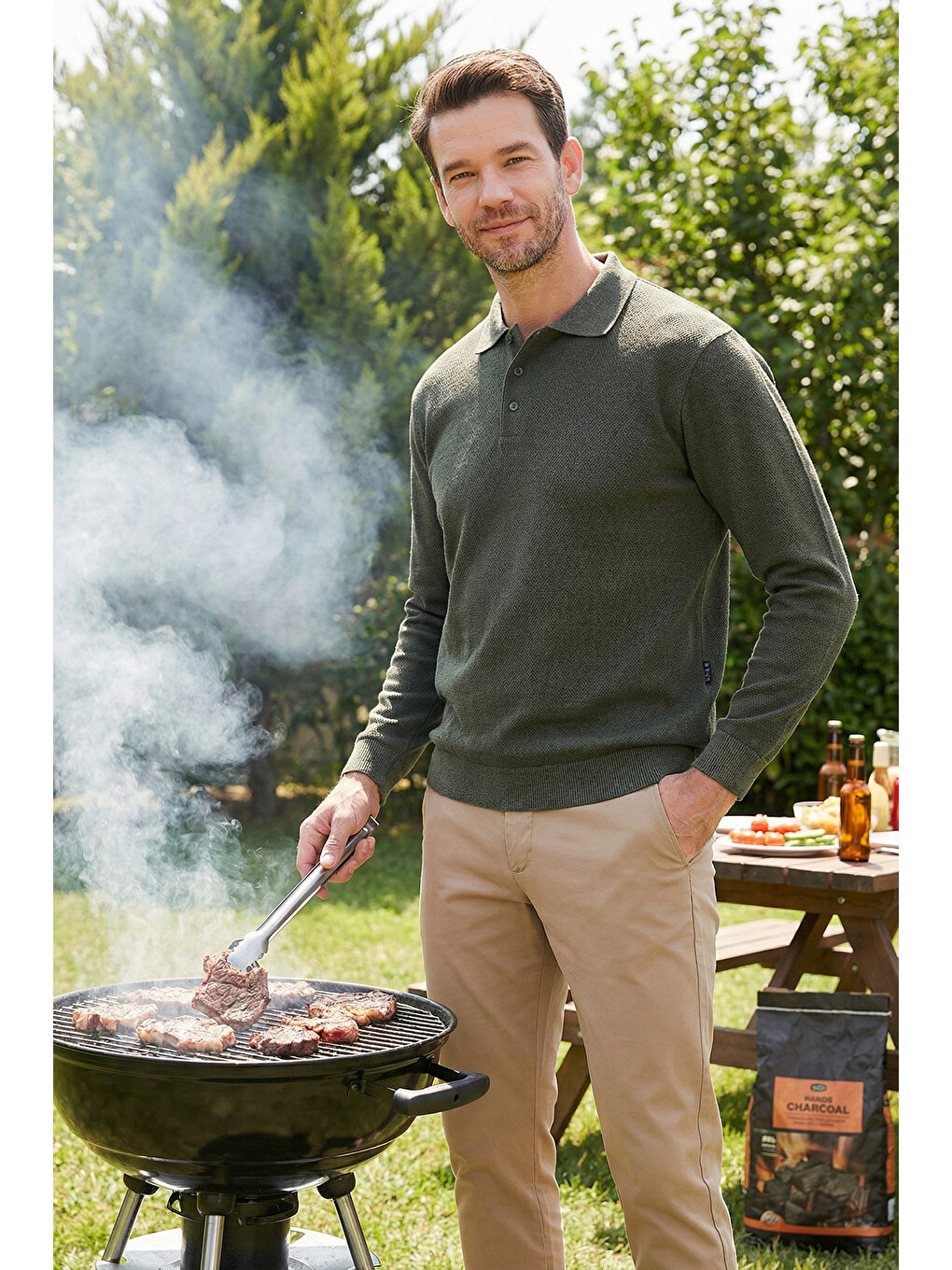 Haki Pamuk Karışımlı Regular Fit Polo Yaka Erkek Kazak 456223