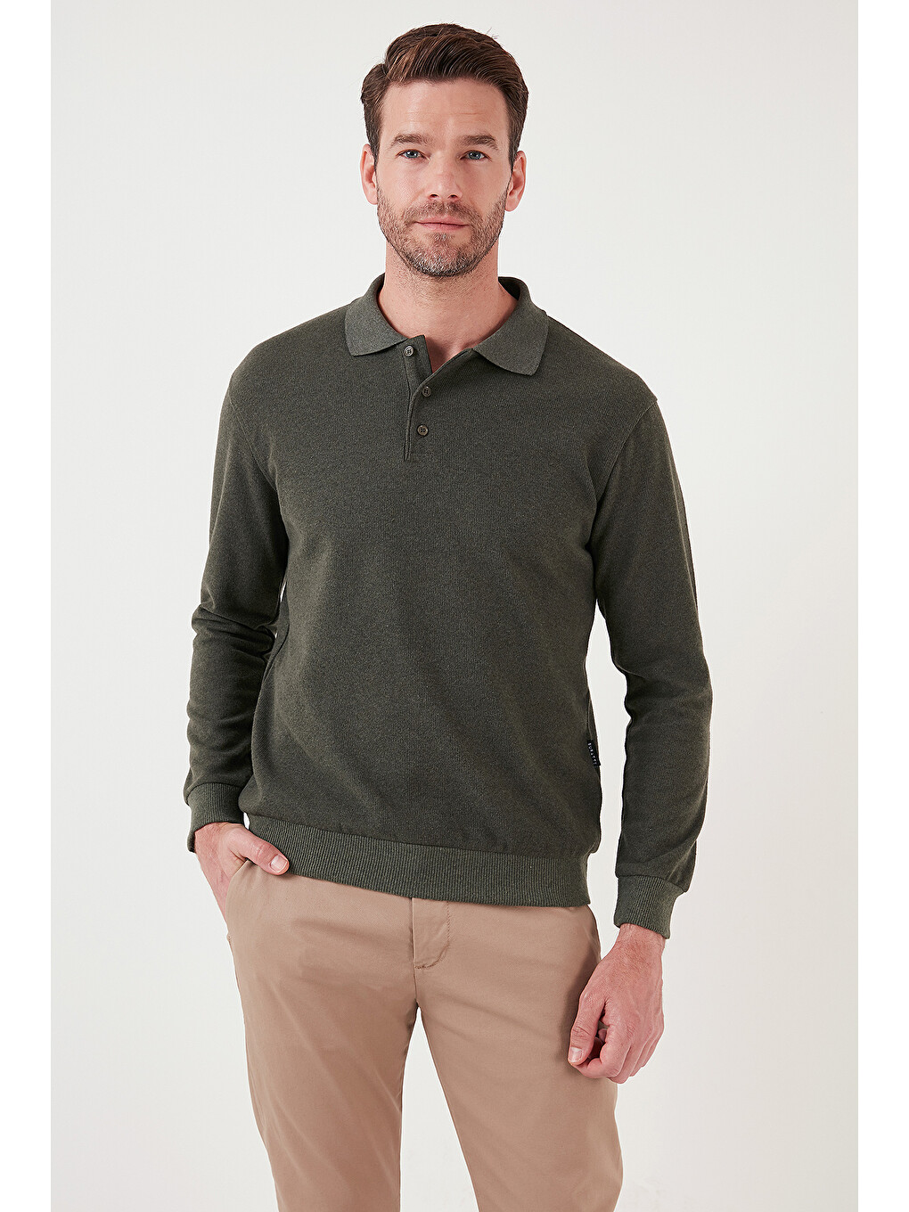 Haki Pamuk Karışımlı Regular Fit Polo Yaka Erkek Kazak 456223-1
