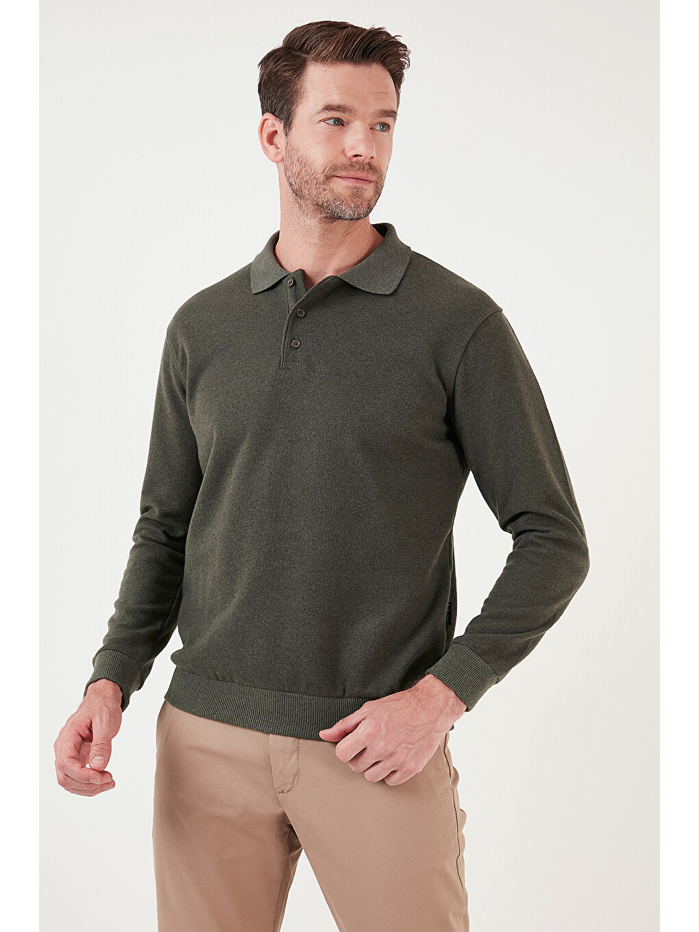 Haki Pamuk Karışımlı Regular Fit Polo Yaka Erkek Kazak 456223-2