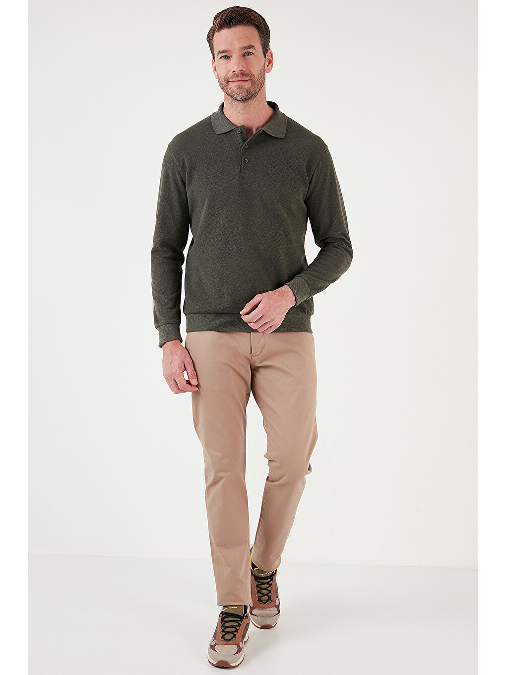 Haki Pamuk Karışımlı Regular Fit Polo Yaka Erkek Kazak 456223-3