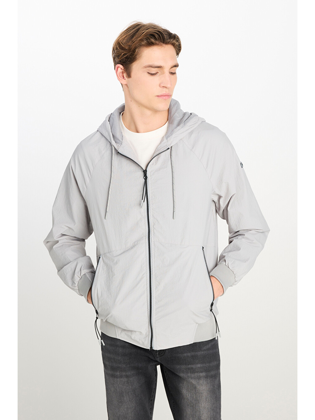 Regular Fit Kapüşonlu Gri Yağmurluk Ceket