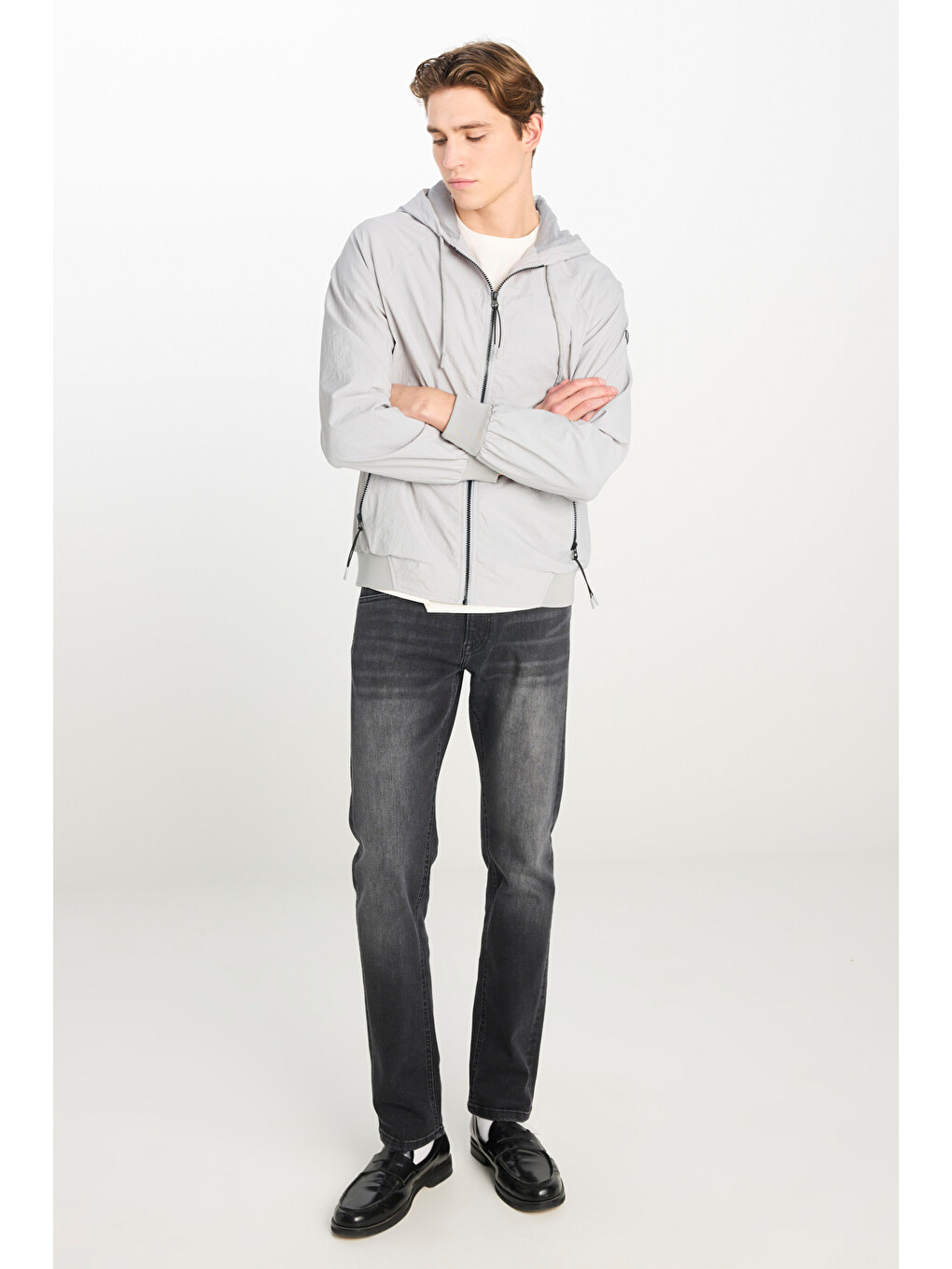 Regular Fit Kapüşonlu Gri Yağmurluk Ceket-2