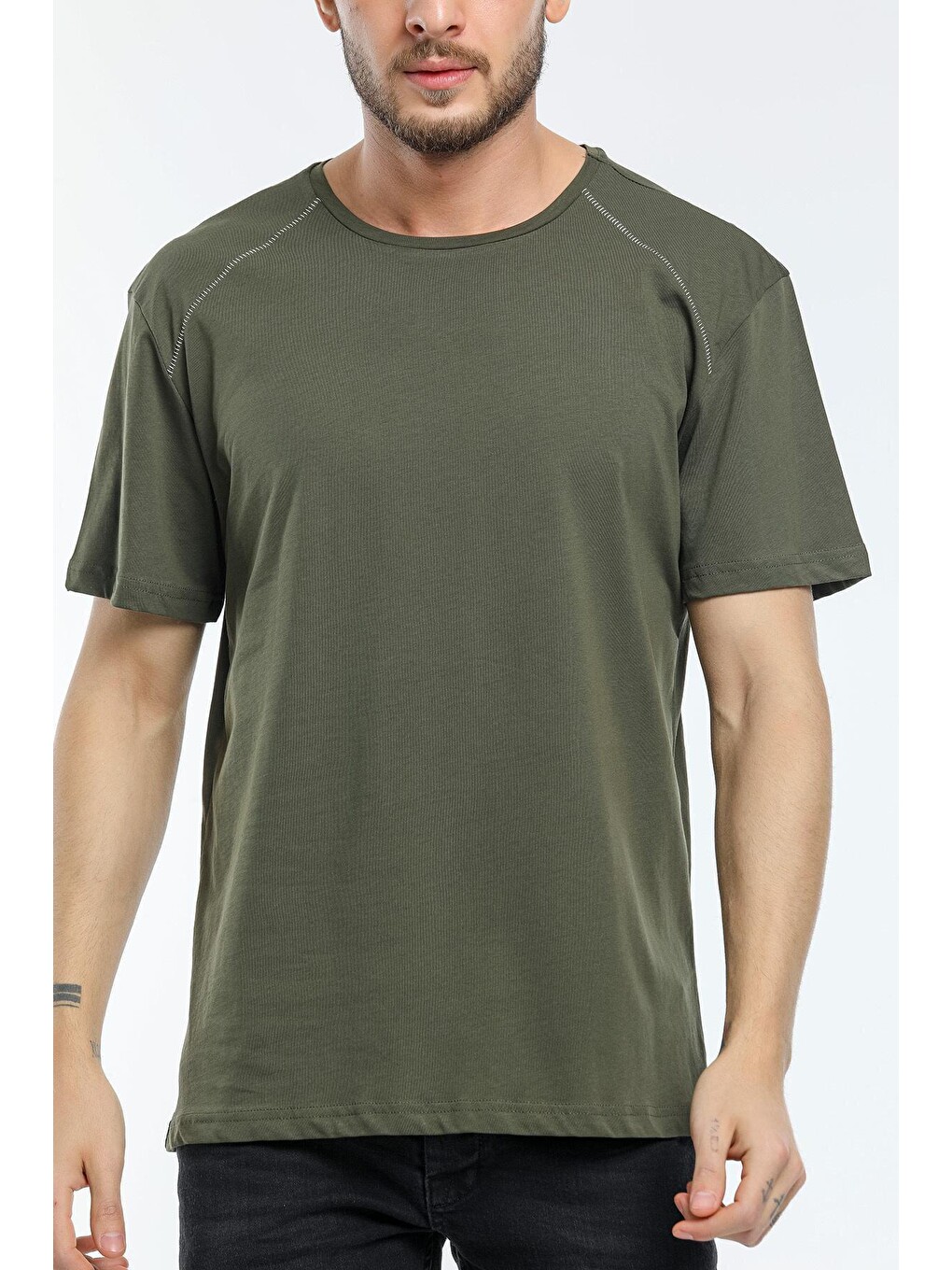 Haki Erkek Bisiklet Yaka Slim Fit Garnili Tişort Spr21y02-1