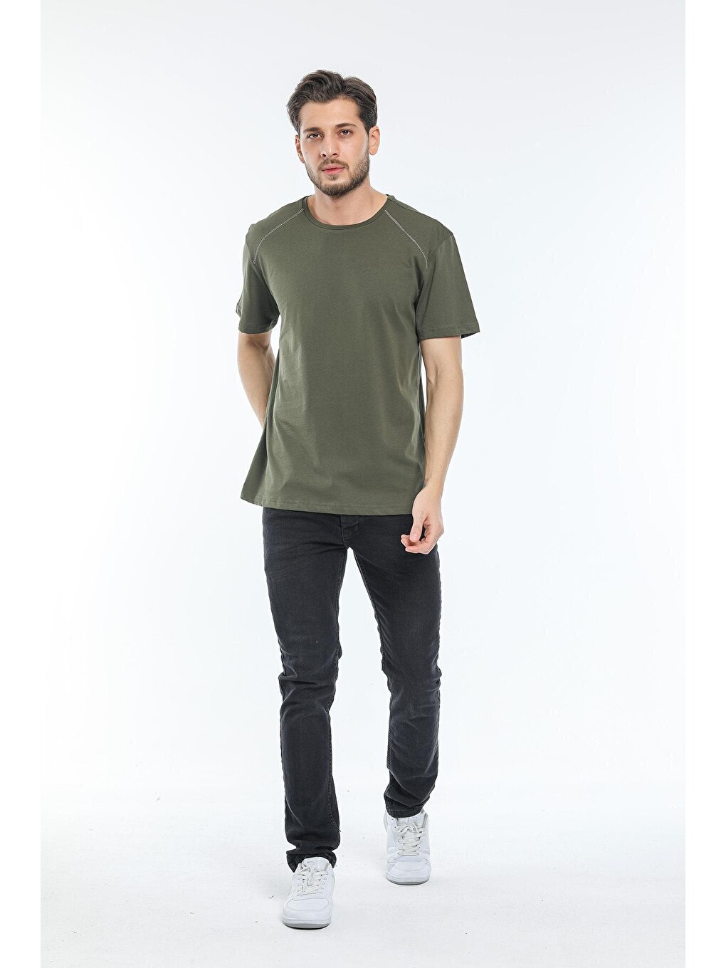 Haki Erkek Bisiklet Yaka Slim Fit Garnili Tişort Spr21y02-2