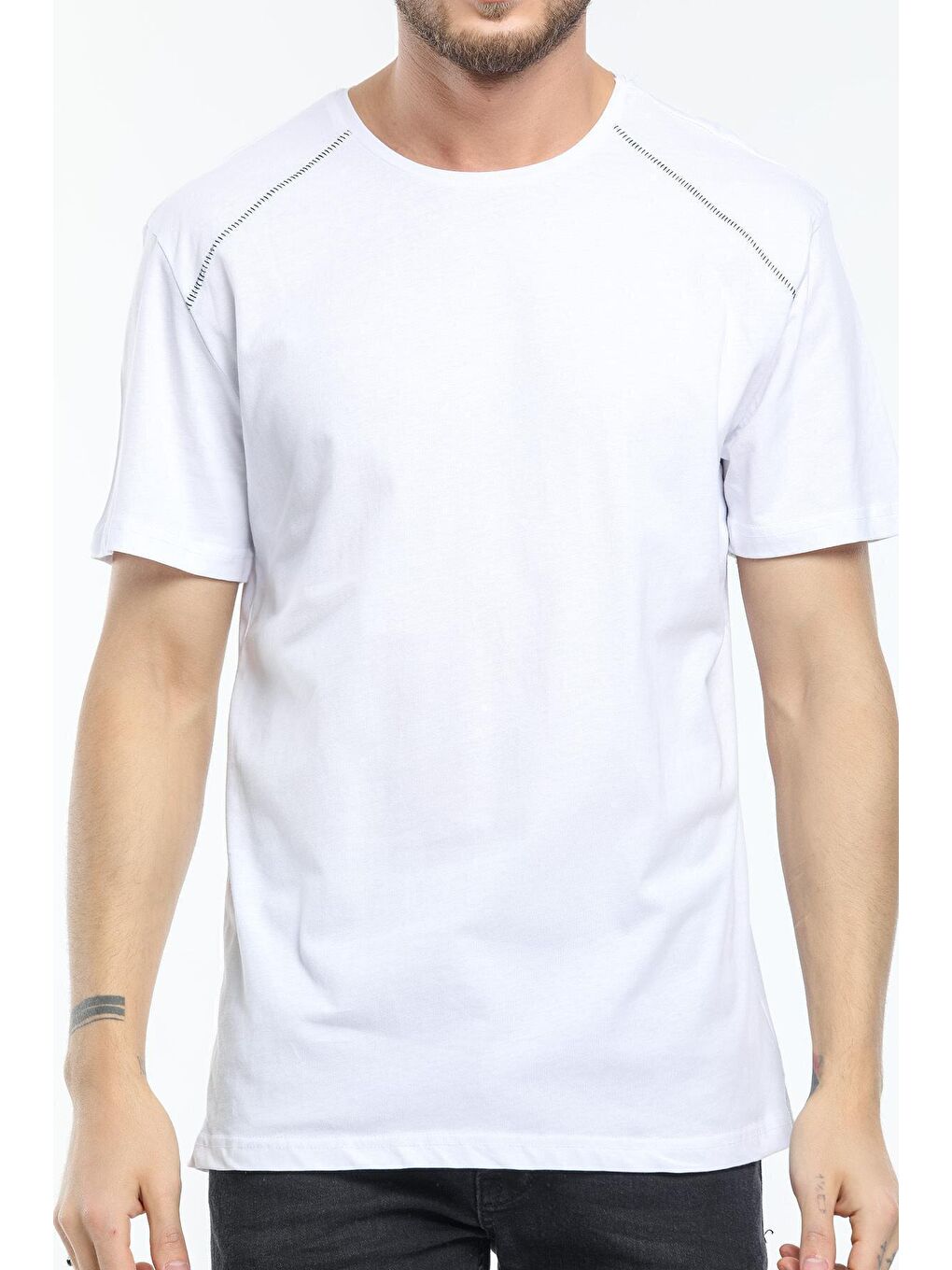 Beyaz Erkek Bisiklet Yaka Slim Fit Garnili Tişort SPR21Y02-2