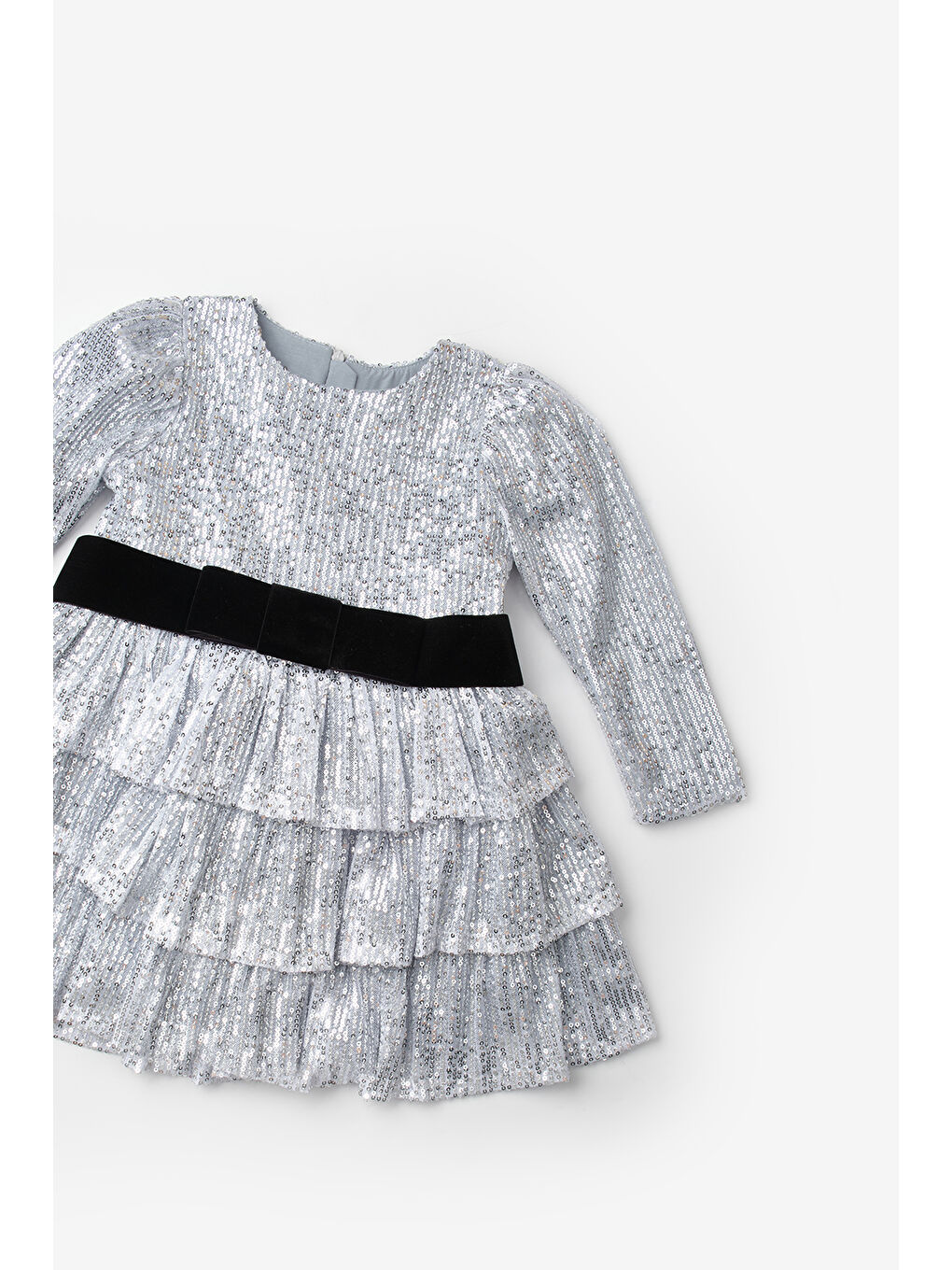 Gri Gümüş Pullu Katlı Kız Çocuk Elbise - Liona-6