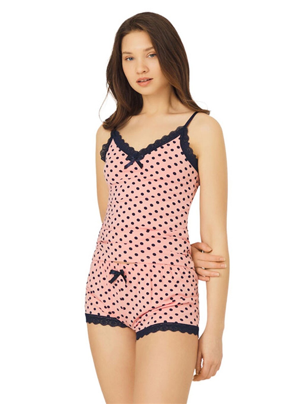 Pembe Lacivert Puantiyeli İnce Askılı Şortlu Pamuklu Pijama Takımı