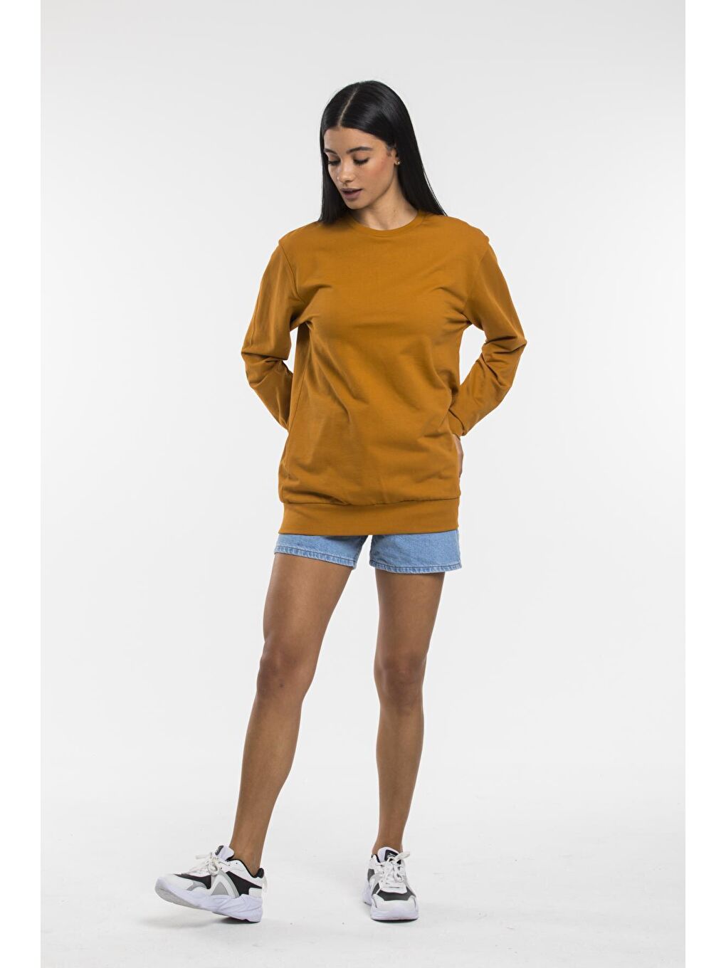 Süperlife Hardal Sarı Kadın Bisiklet Yaka Oversize Fit İnce Sweatshirt SPR21K30