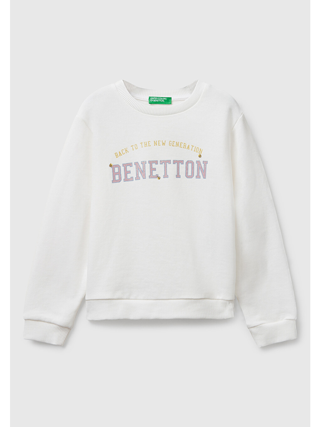 Kız Çocuk Ekru Önü Simli Logo Baskılı Nervürlü Regular Fit Sweatshirt