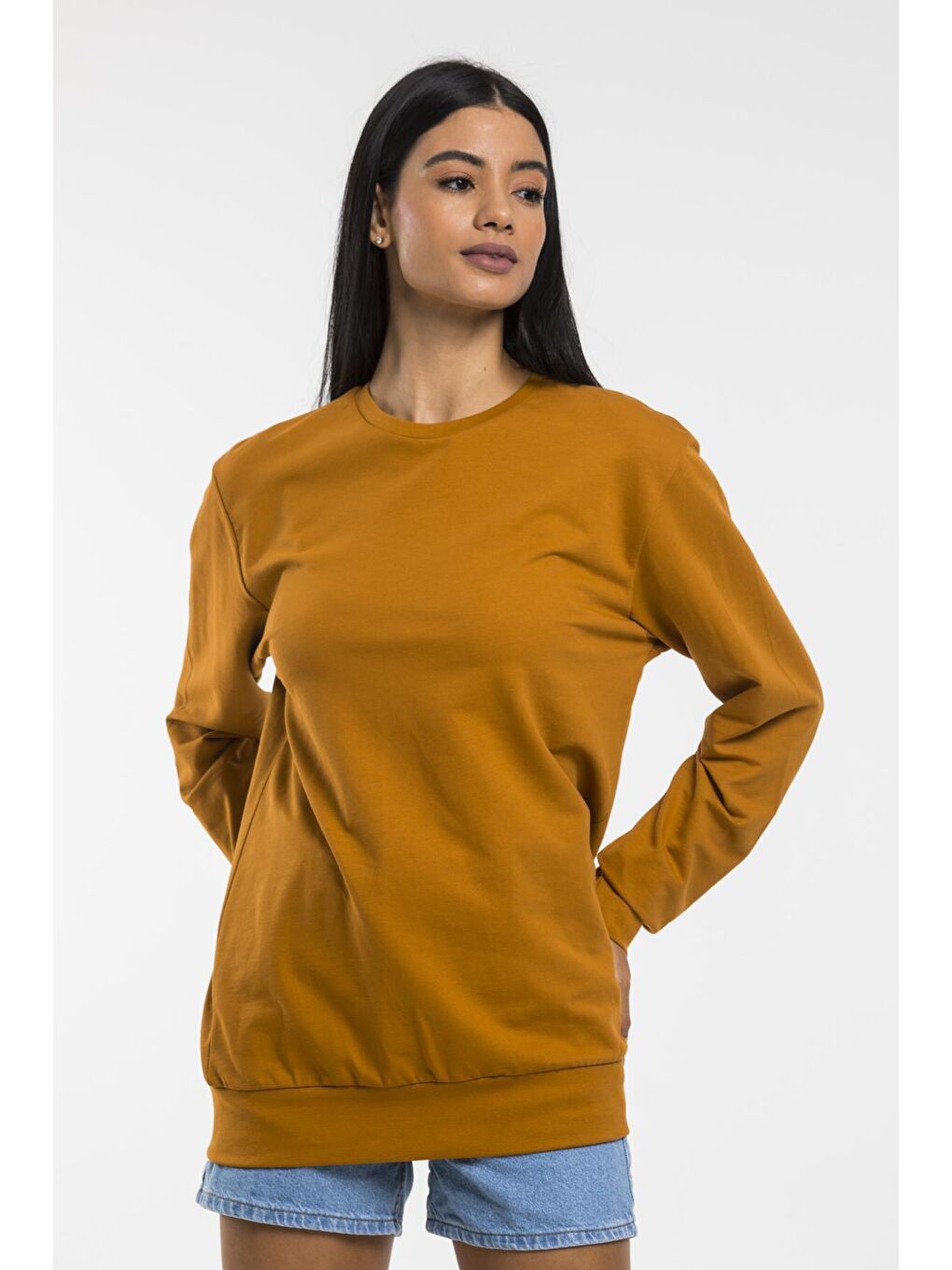 Süperlife Hardal Sarı Kadın Bisiklet Yaka Oversize Fit İnce Sweatshirt SPR21K30 - 1