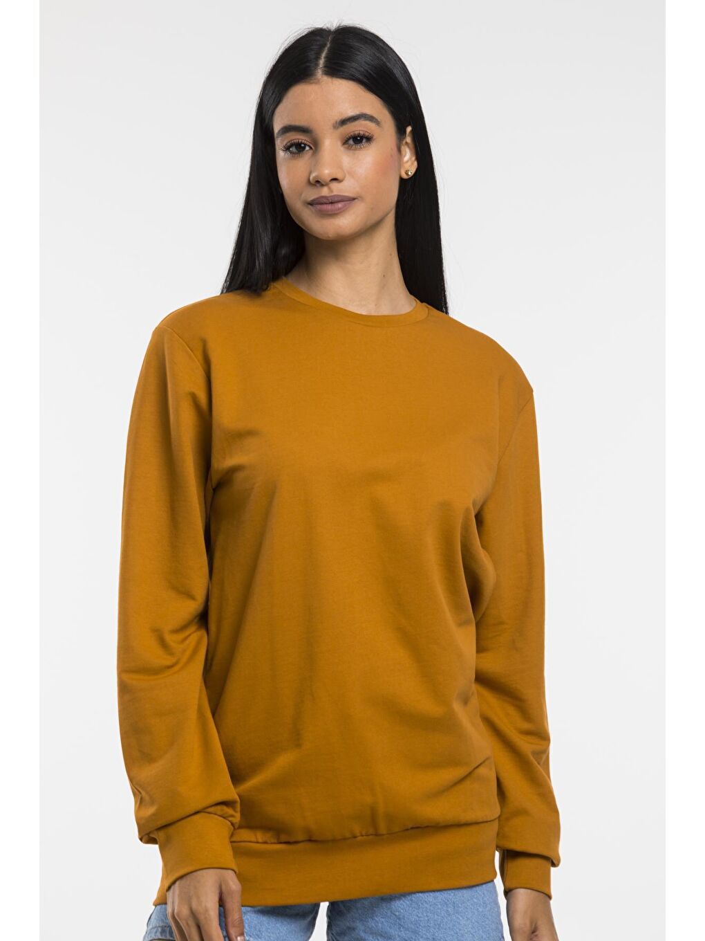 Süperlife Hardal Sarı Kadın Bisiklet Yaka Oversize Fit İnce Sweatshirt SPR21K30 - 2