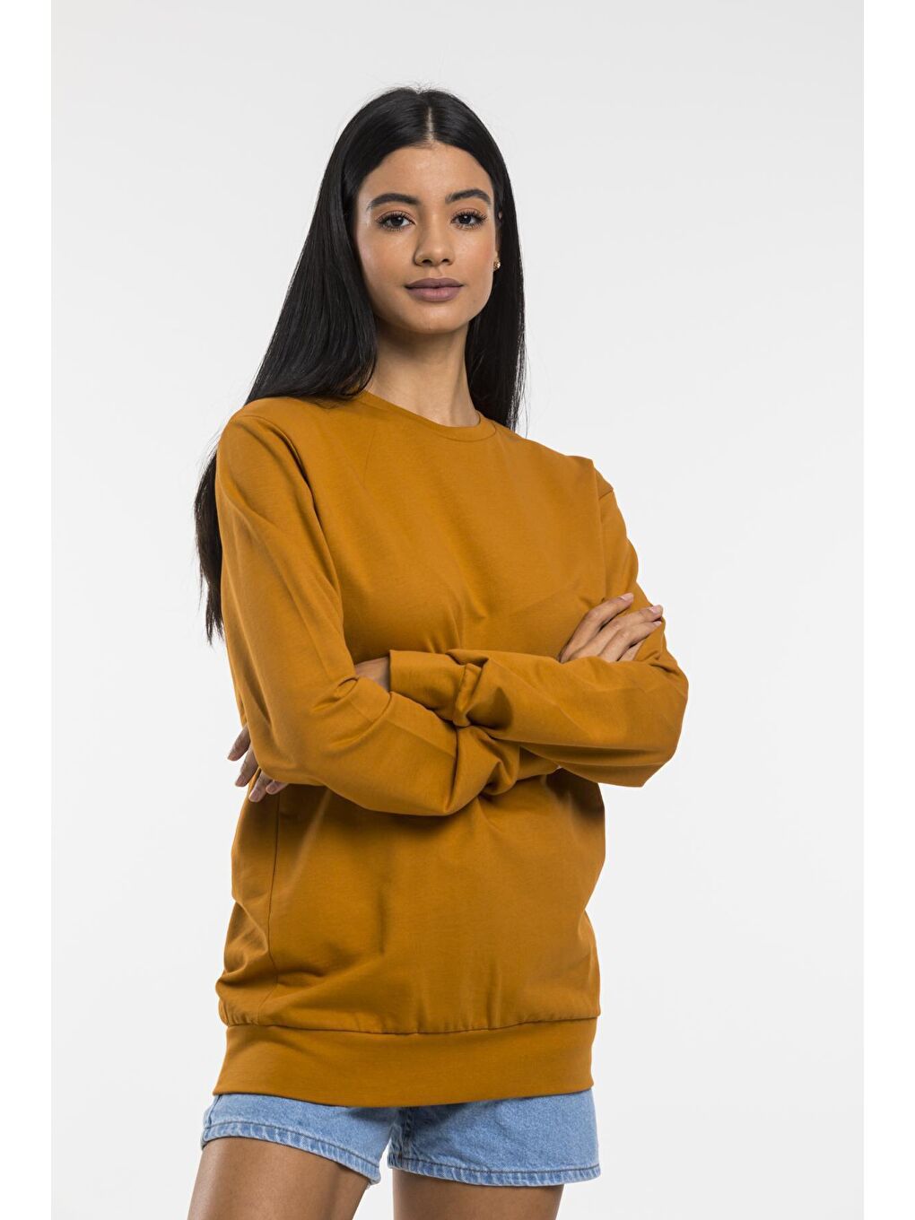 Süperlife Hardal Sarı Kadın Bisiklet Yaka Oversize Fit İnce Sweatshirt SPR21K30 - 3