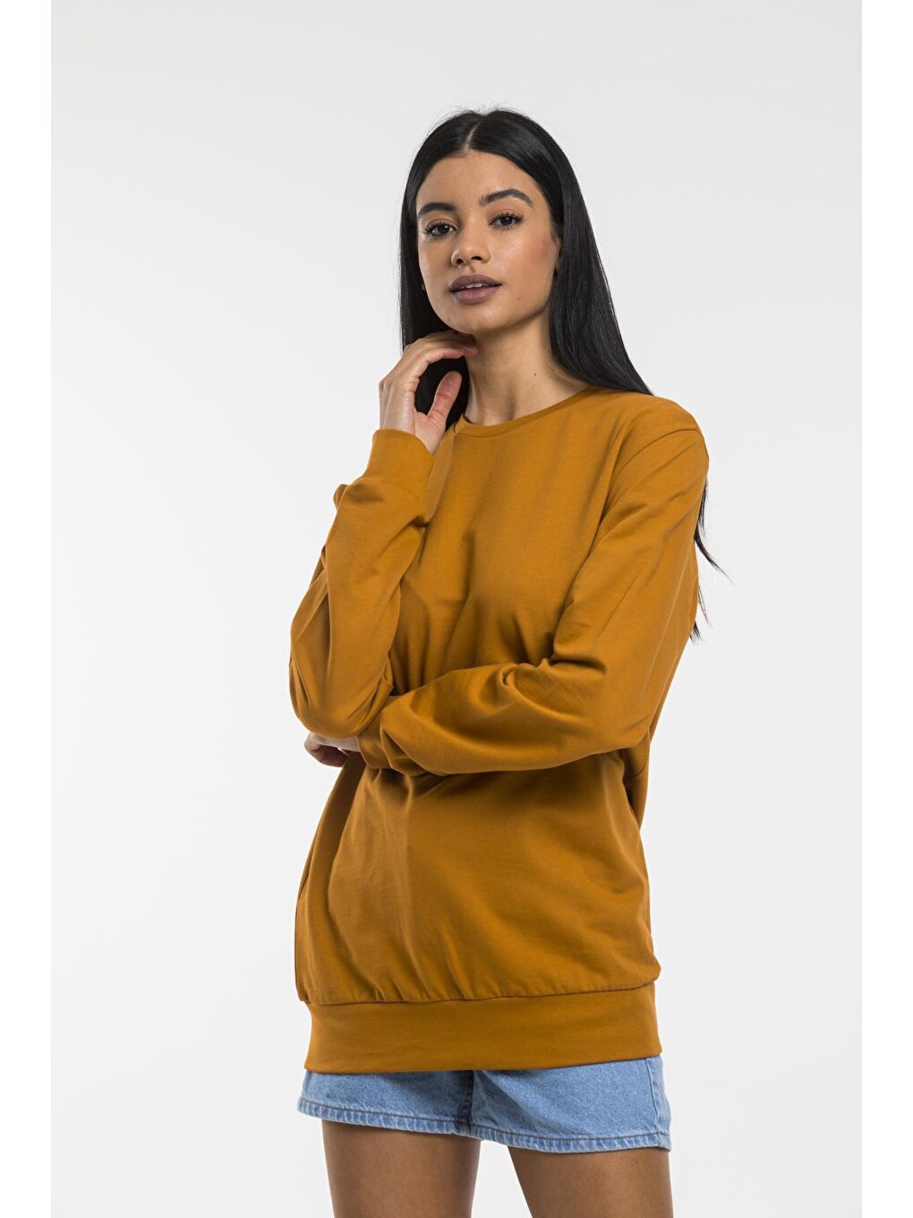 Süperlife Hardal Sarı Kadın Bisiklet Yaka Oversize Fit İnce Sweatshirt SPR21K30 - 4