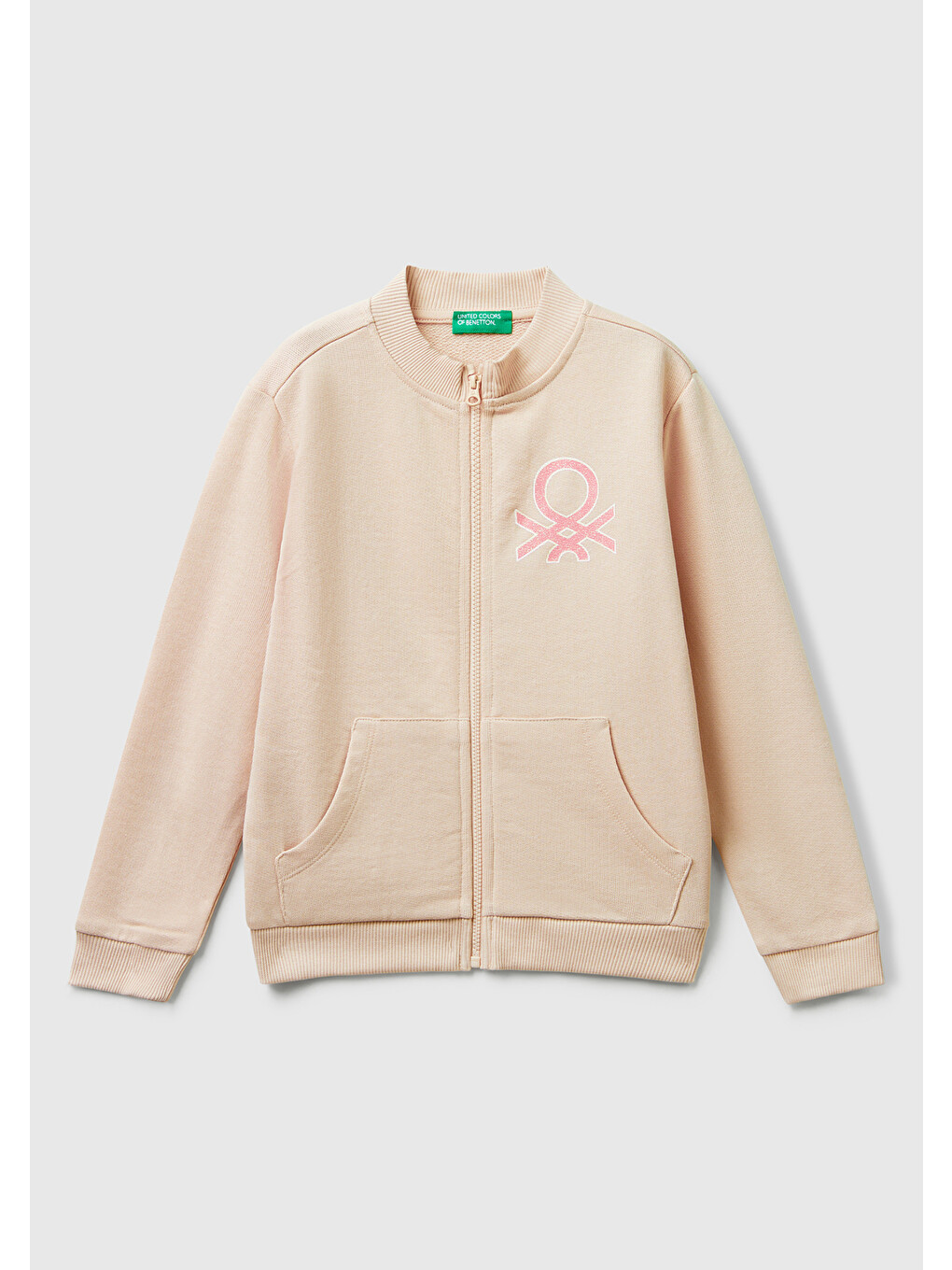Kız Çocuk Toz Pembe Simli Logo Baskılı Fermuarlı Ribanalı Regular Fit Sweatshirt