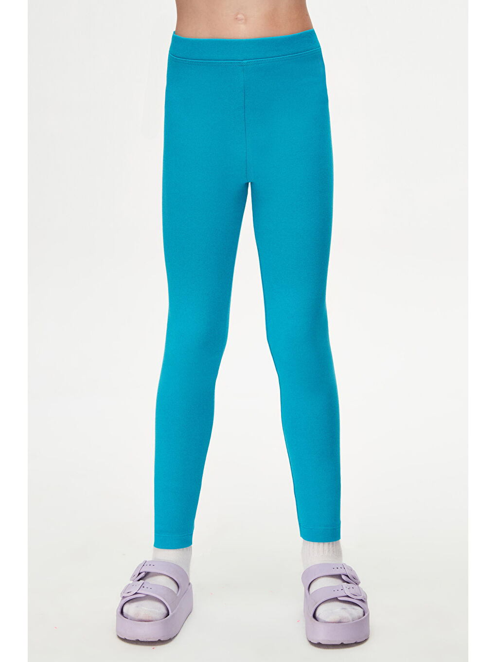 Koyu Turkuaz Kız Çocuk Kışlık Tam Boy Düz Basıc Tayt-1