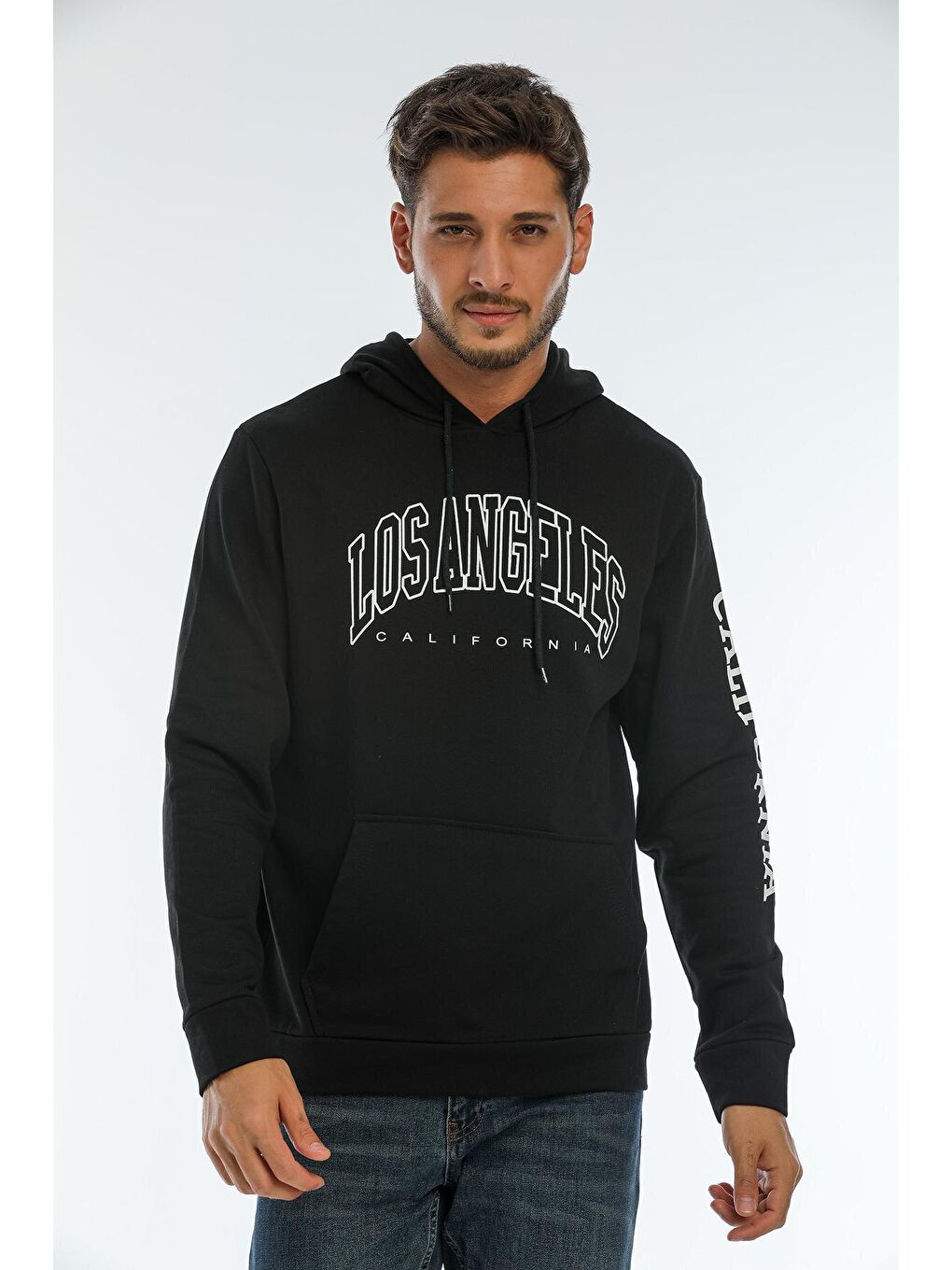 Siyah Erkek Kapüşonlu Regular Fit Baskılı İnce Hoodie SPR22SW163