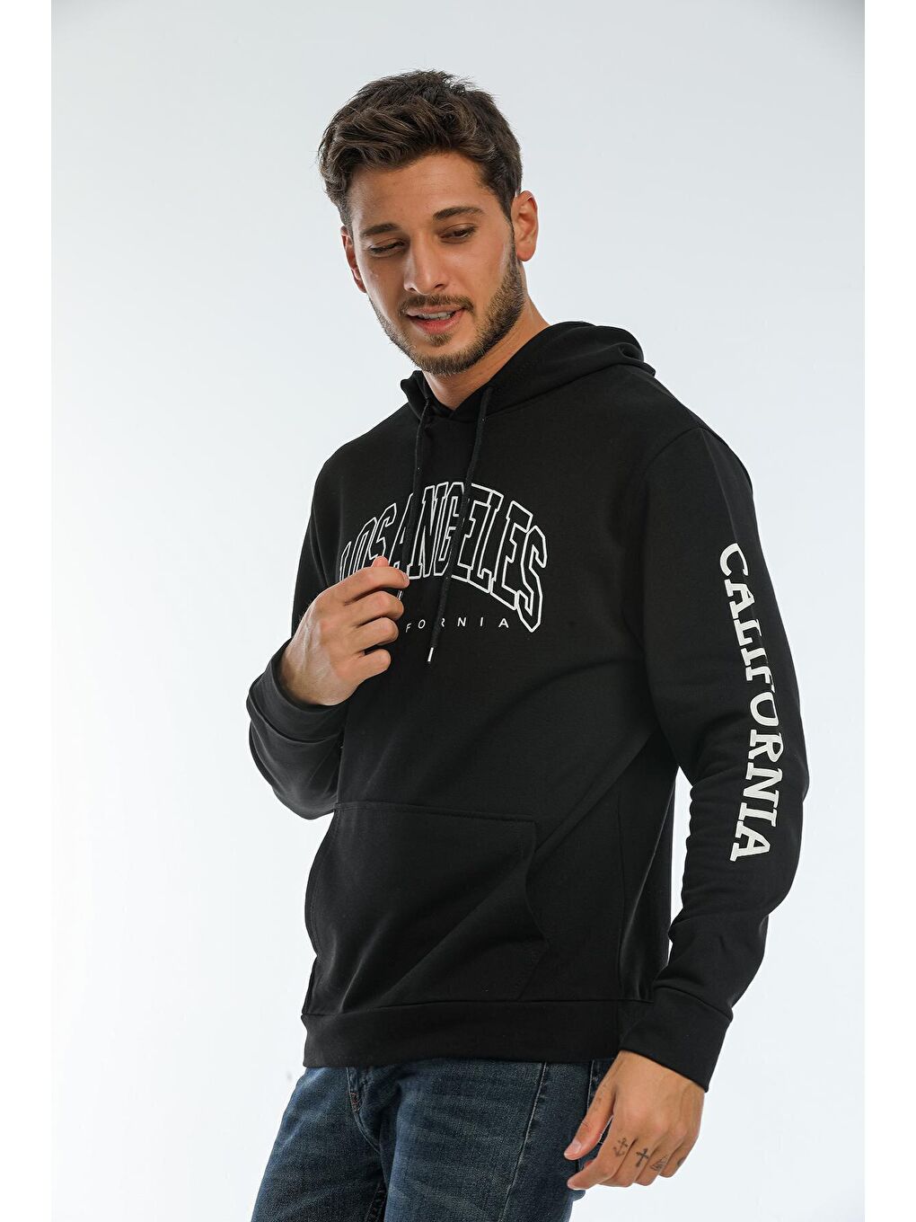 Siyah Erkek Kapüşonlu Regular Fit Baskılı İnce Hoodie SPR22SW163-1