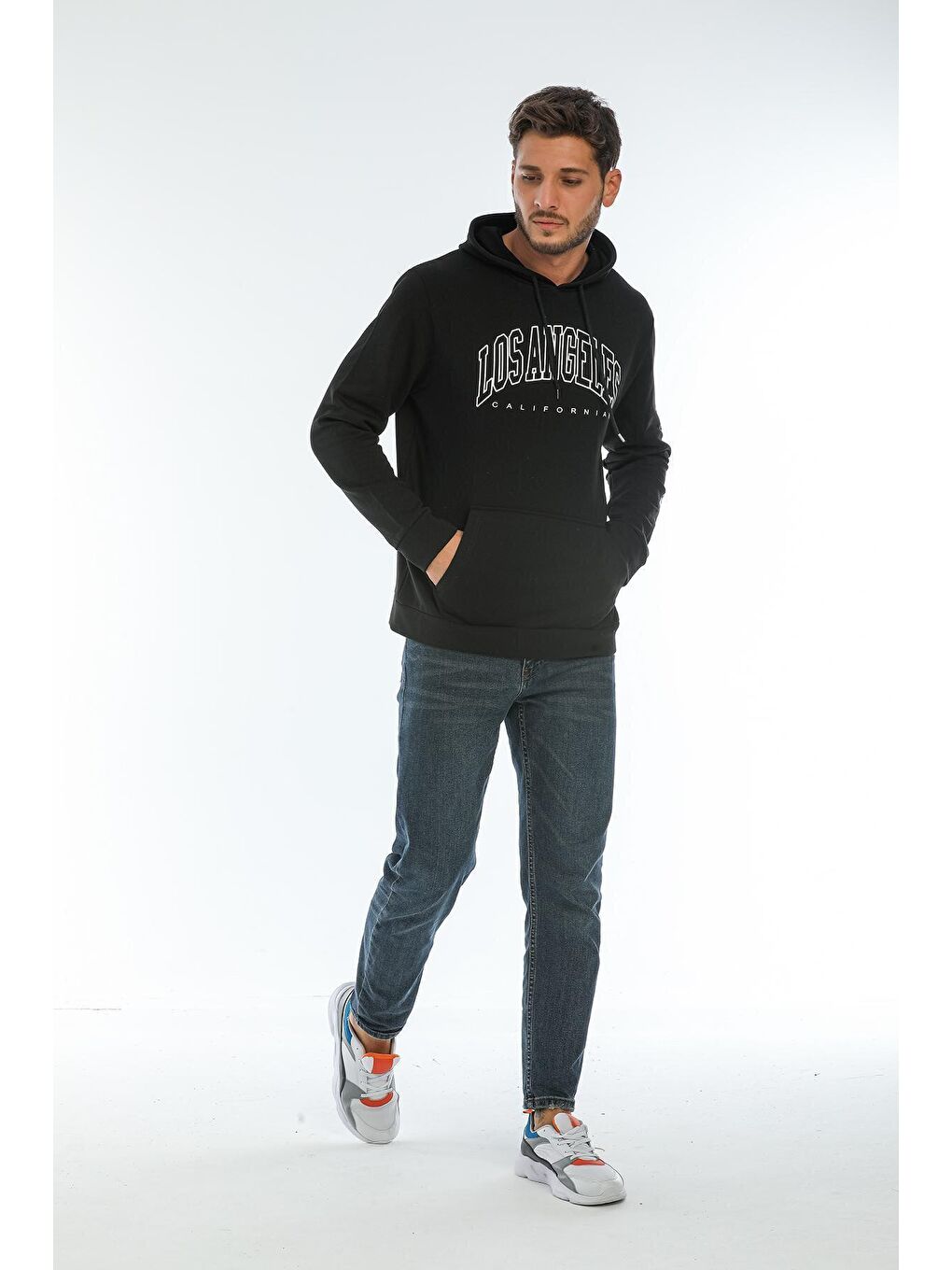 Siyah Erkek Kapüşonlu Regular Fit Baskılı İnce Hoodie SPR22SW163-2