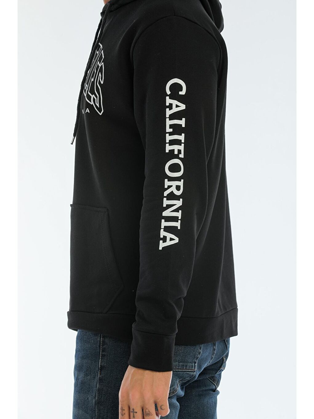 Siyah Erkek Kapüşonlu Regular Fit Baskılı İnce Hoodie SPR22SW163-3