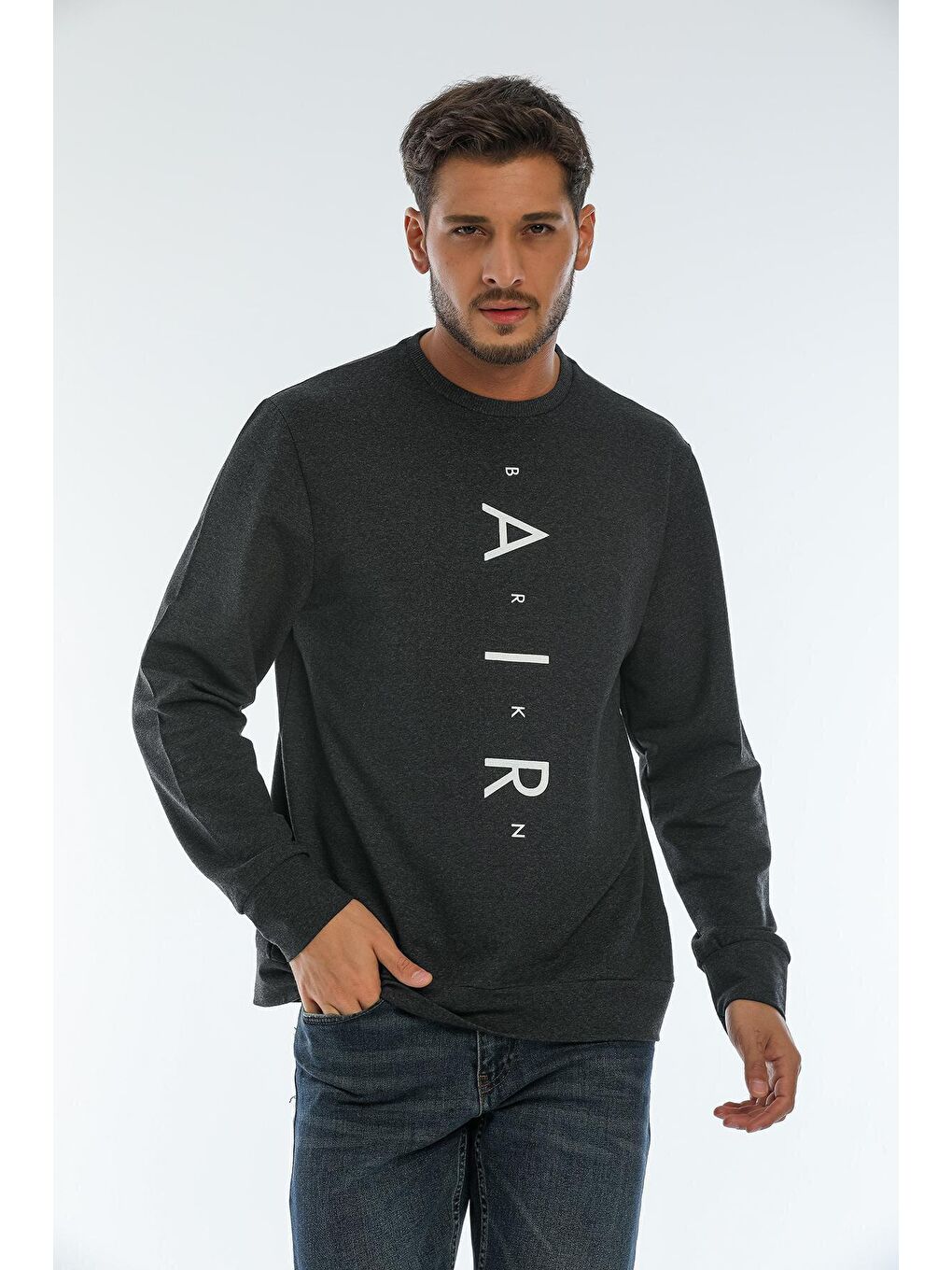 Süperlife Antrasit Erkek Bisiklet Yaka Regular Fit Air Baskılı İnce Sweatshirt SPR22SW131