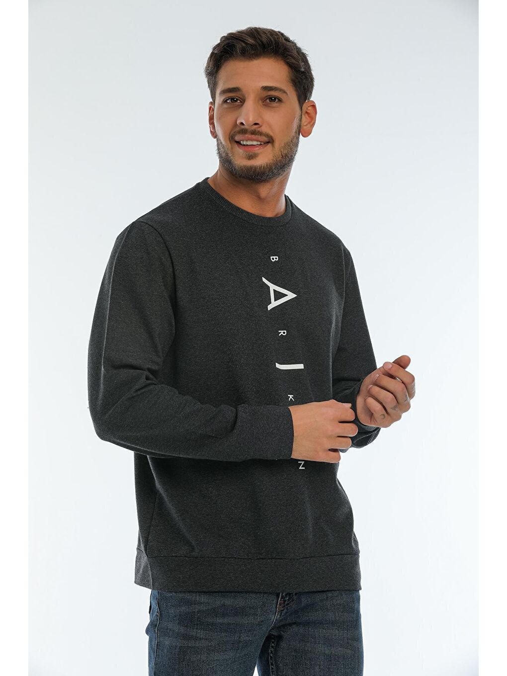 Süperlife Antrasit Erkek Bisiklet Yaka Regular Fit Air Baskılı İnce Sweatshirt SPR22SW131 - 2