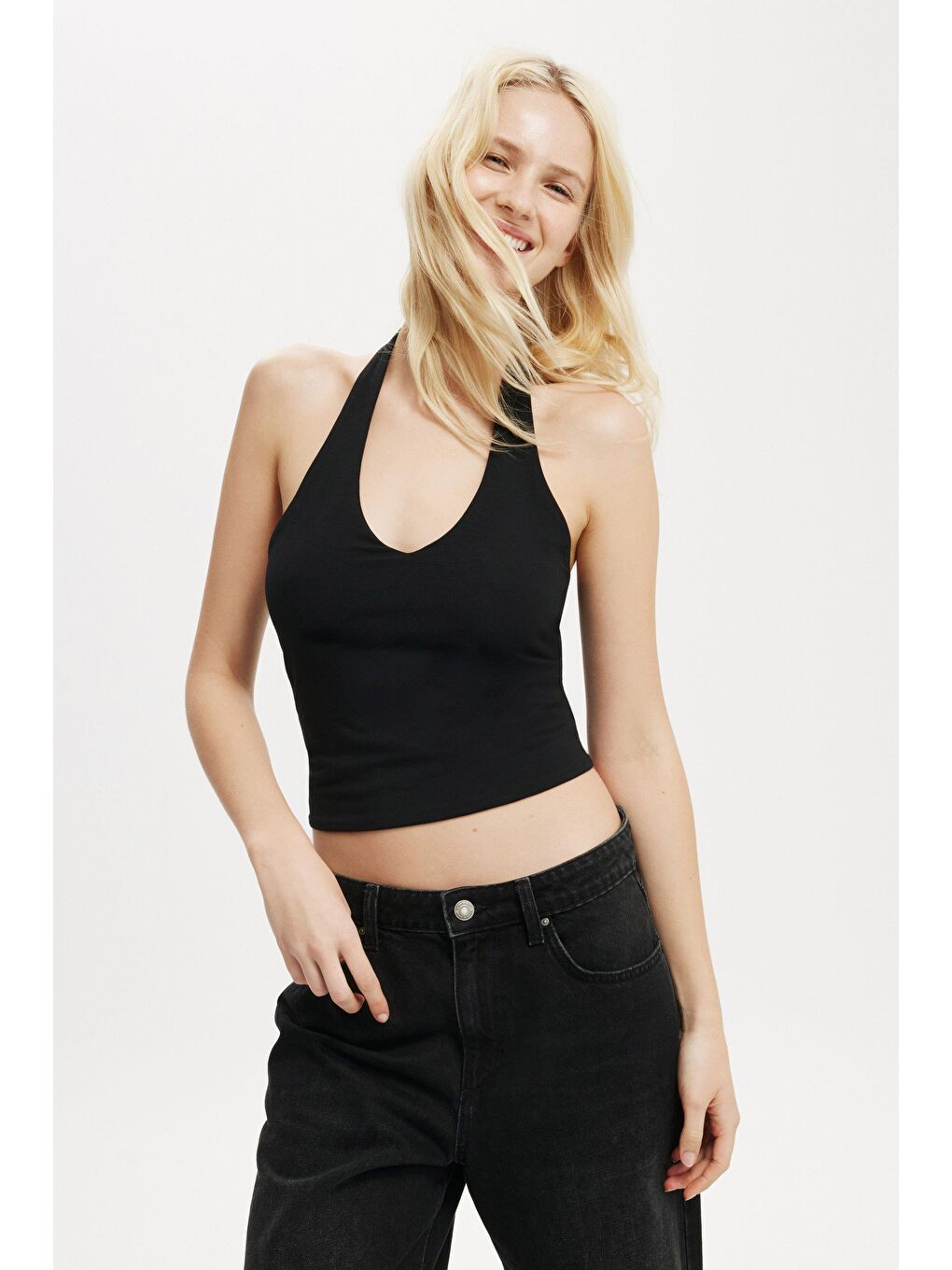 Siyah Halter Yaka Boyun Askılı Crop Top Mg2456-1