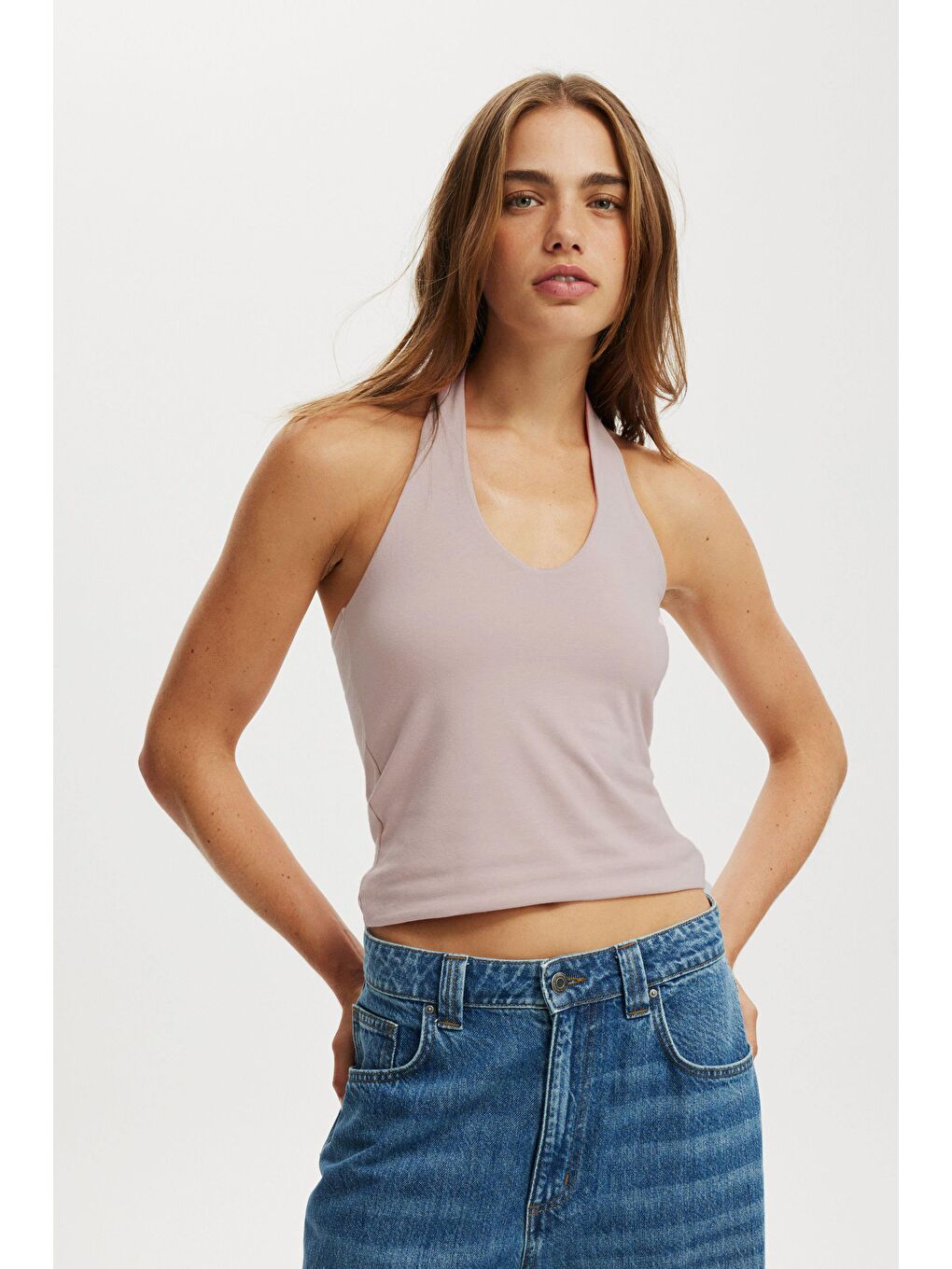 Bej Taş Rengi Halter Yaka Boyun Askılı Crop Top Mg2456