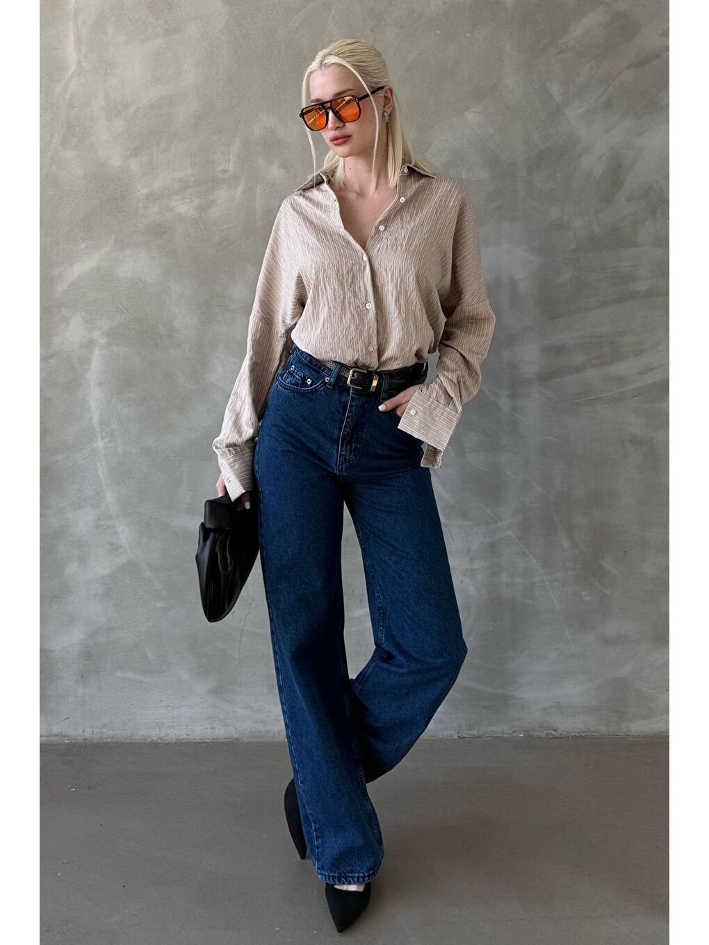 Bej Çizgili Oversize Kadın Gömlek Mg2327-1