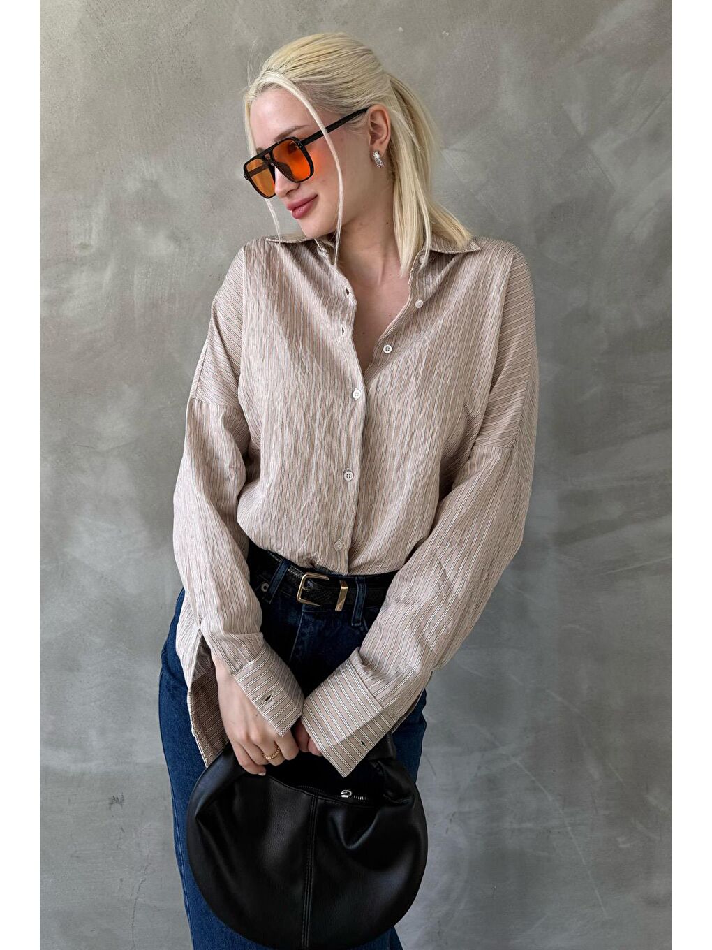 Bej Çizgili Oversize Kadın Gömlek Mg2327-2