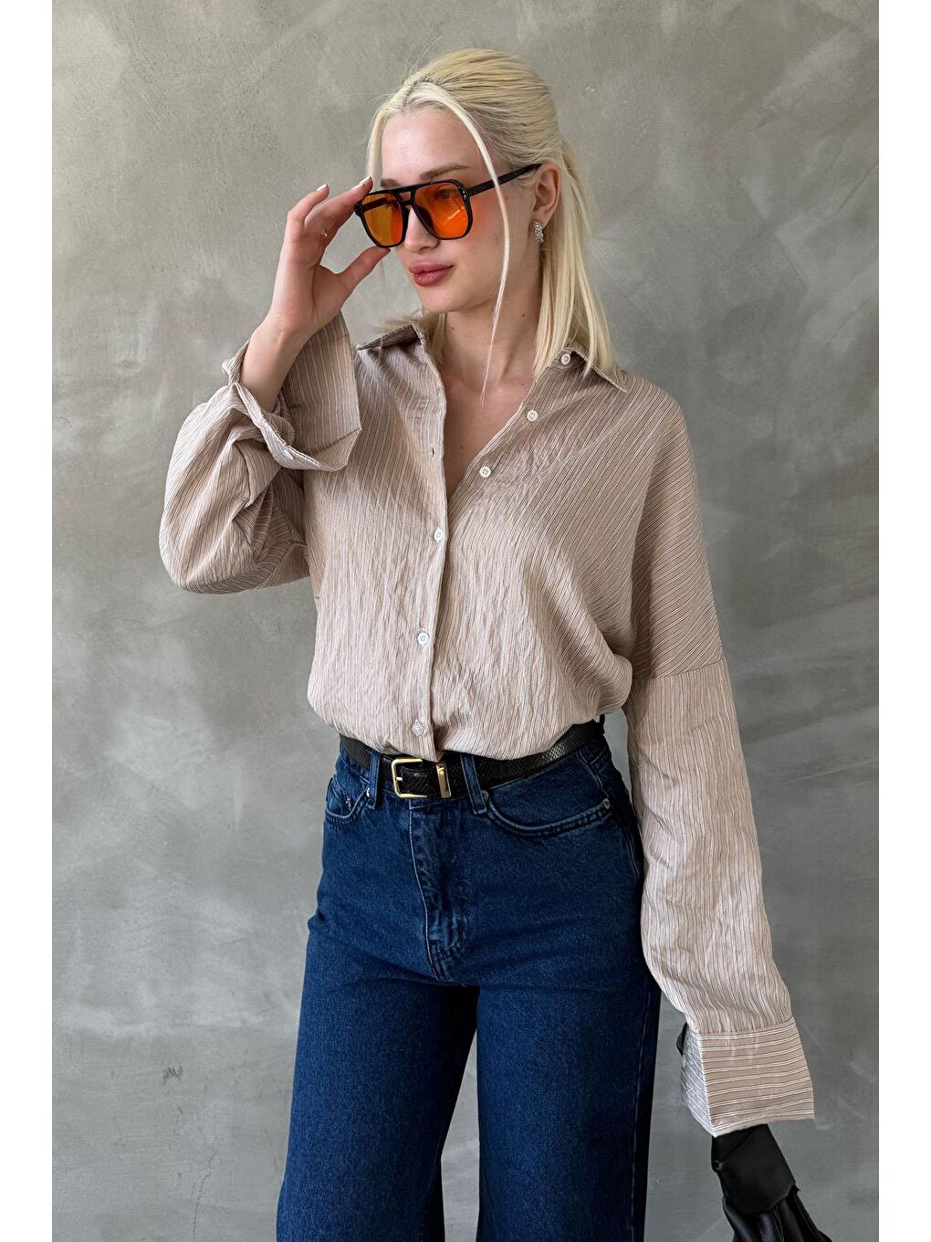 Bej Çizgili Oversize Kadın Gömlek Mg2327-3