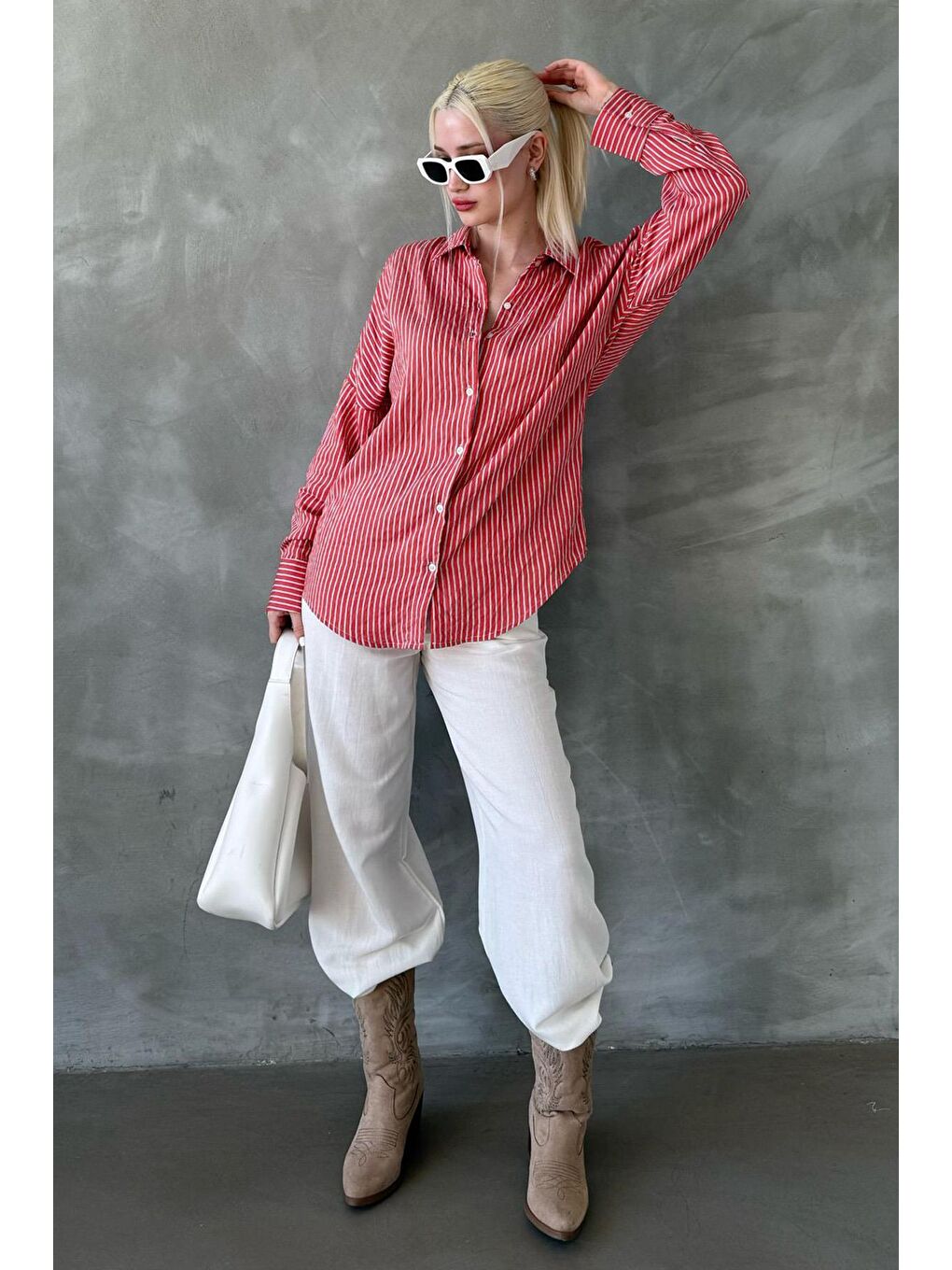 Kahverengi Kiremit Çizgili Oversize Kadın Gömlek Mg2327-1