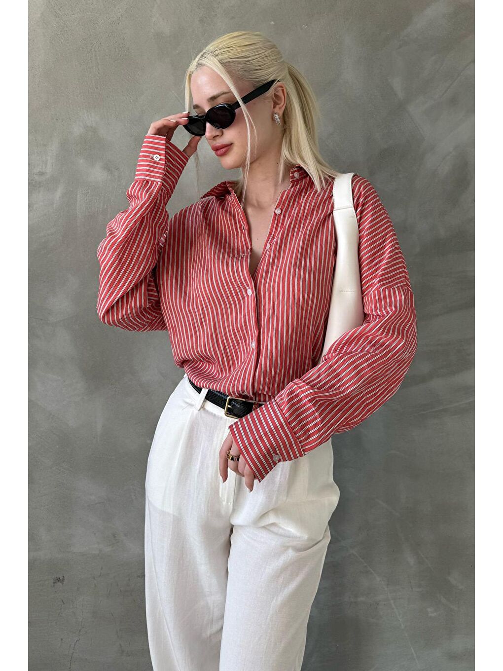 Kahverengi Kiremit Çizgili Oversize Kadın Gömlek Mg2327-2