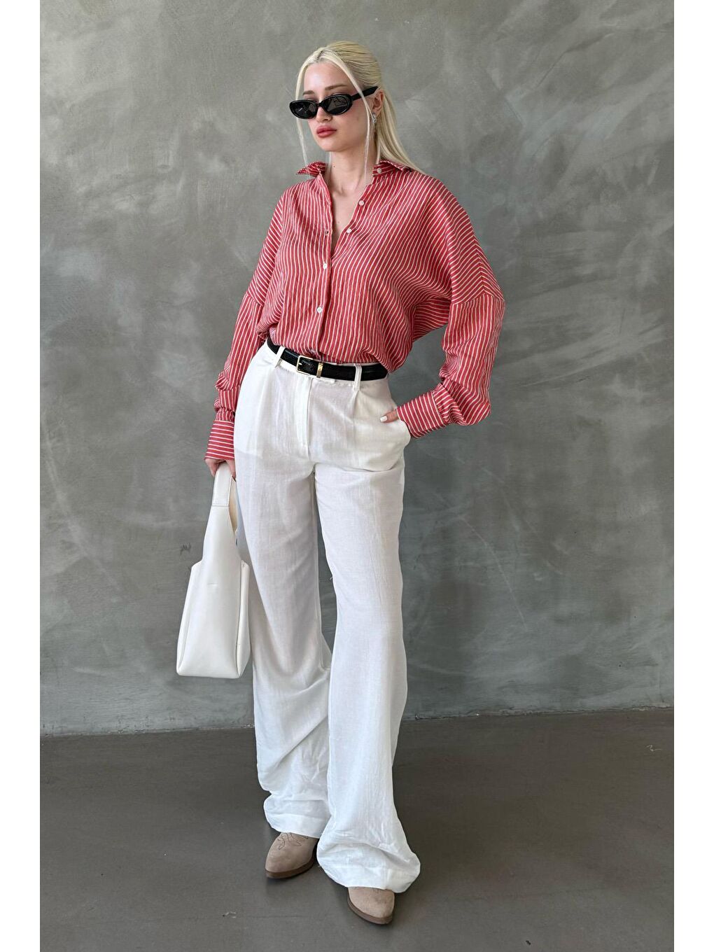 Kahverengi Kiremit Çizgili Oversize Kadın Gömlek Mg2327-3